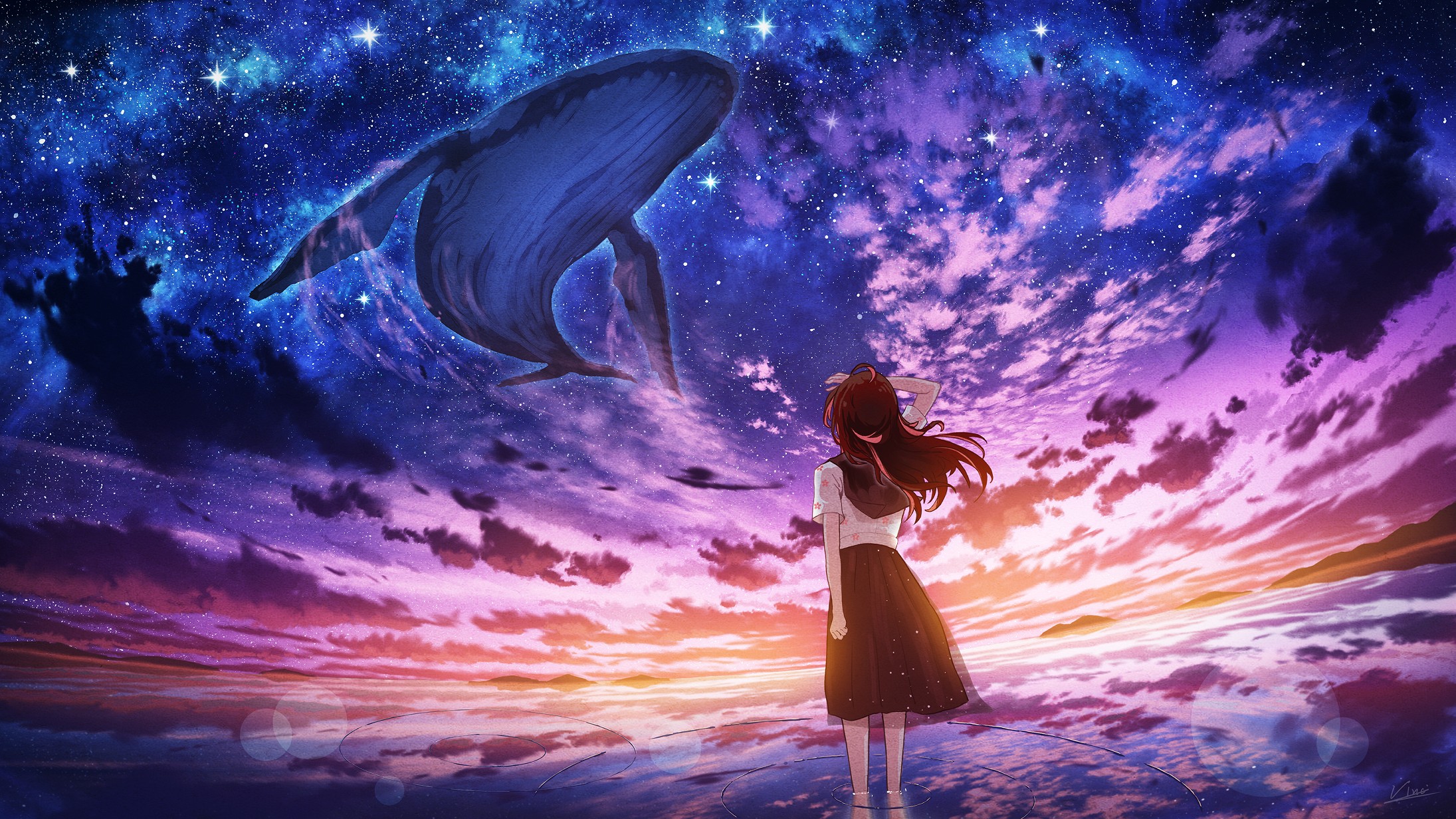 Anime Girls Flying Whales Rear View Starred Sky Standing In Water Water Sunset Sunset Glow Looking A 2191x1232