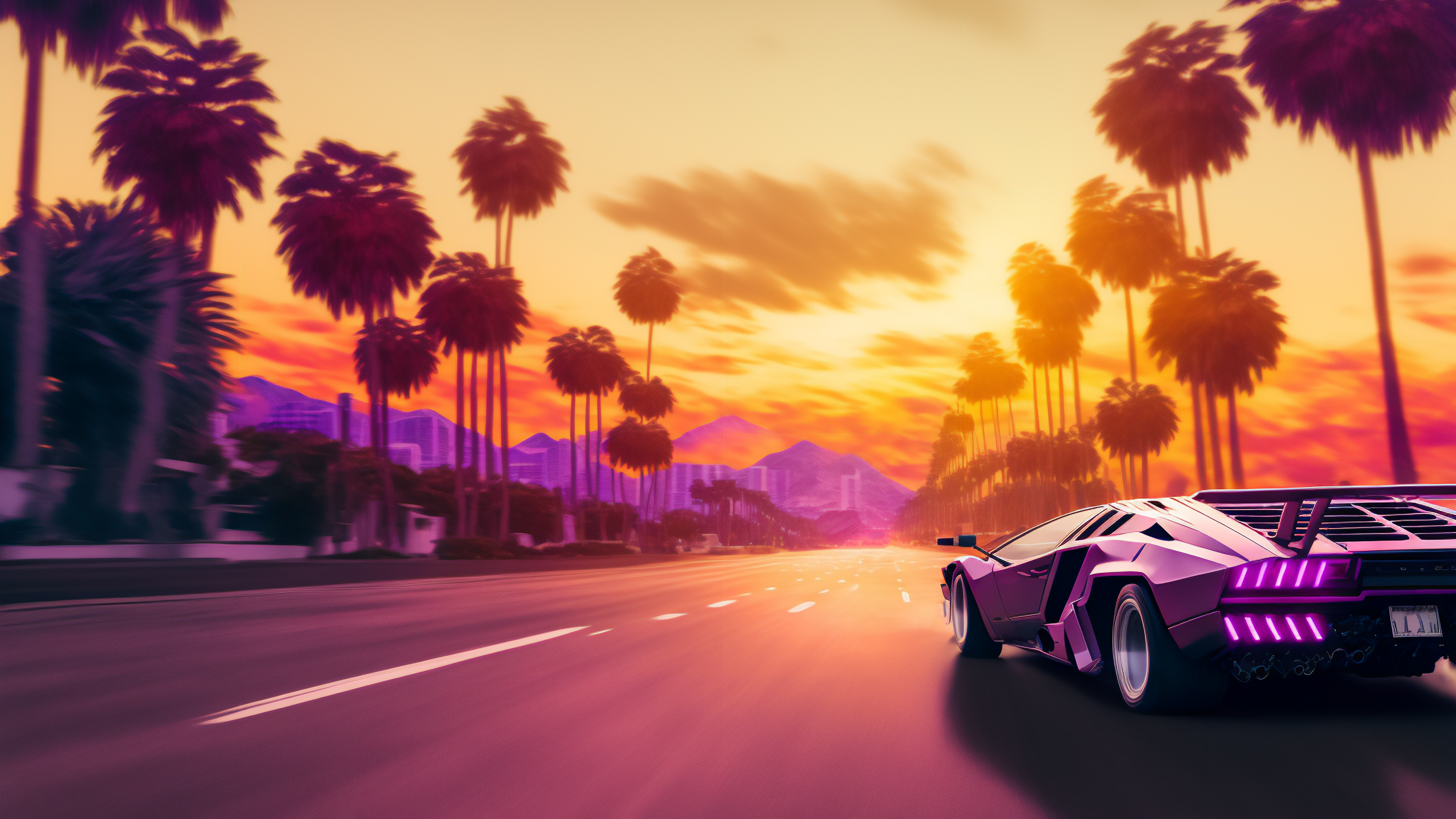 Ai Art Sunset Sports Car Lamborghini Synthwave Palm Trees Road Driving Fantasy Architecture Sunset G 3060x1721