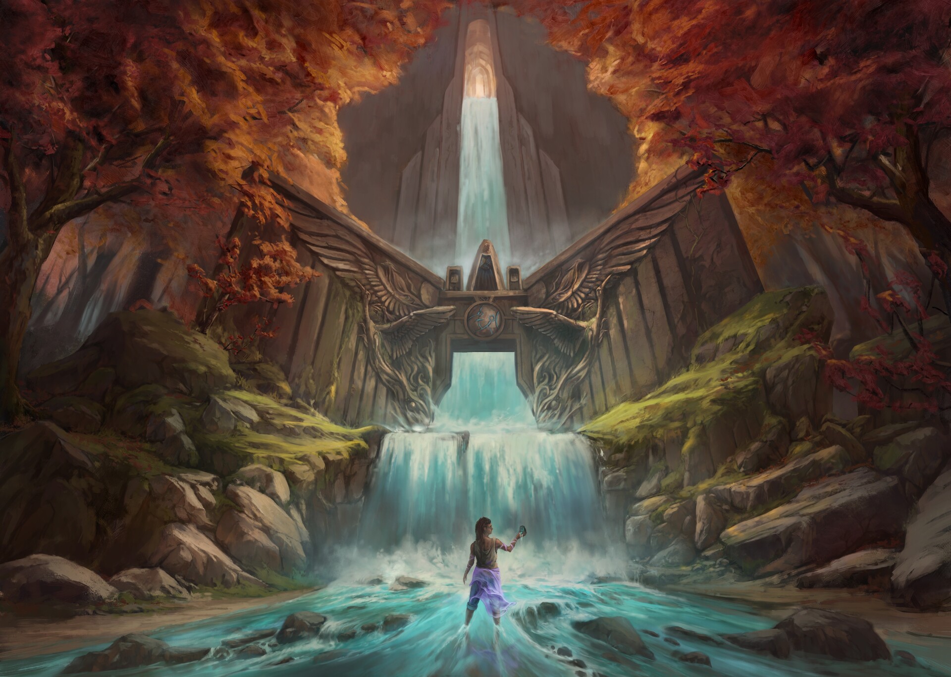 Tristan Delgado Digital Art Fantasy Art Landscape Waterfall Temple Fall Water Rocks Trees 1920x1367