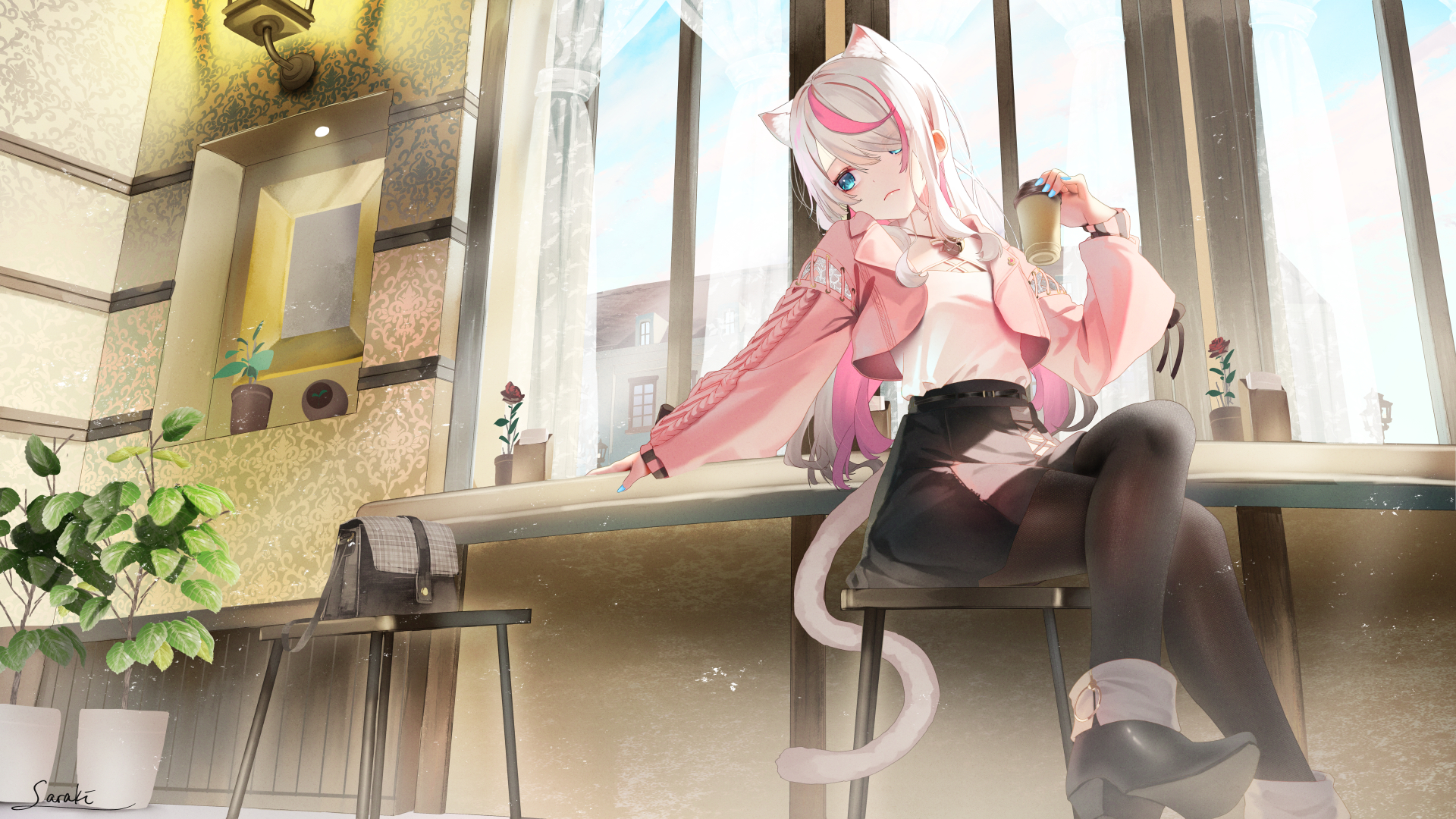 Original Characters Cat Girl Anime Girls Plants Cat Ears Cat Tail Hair Over One Eye Legs Crossed Two 1920x1080