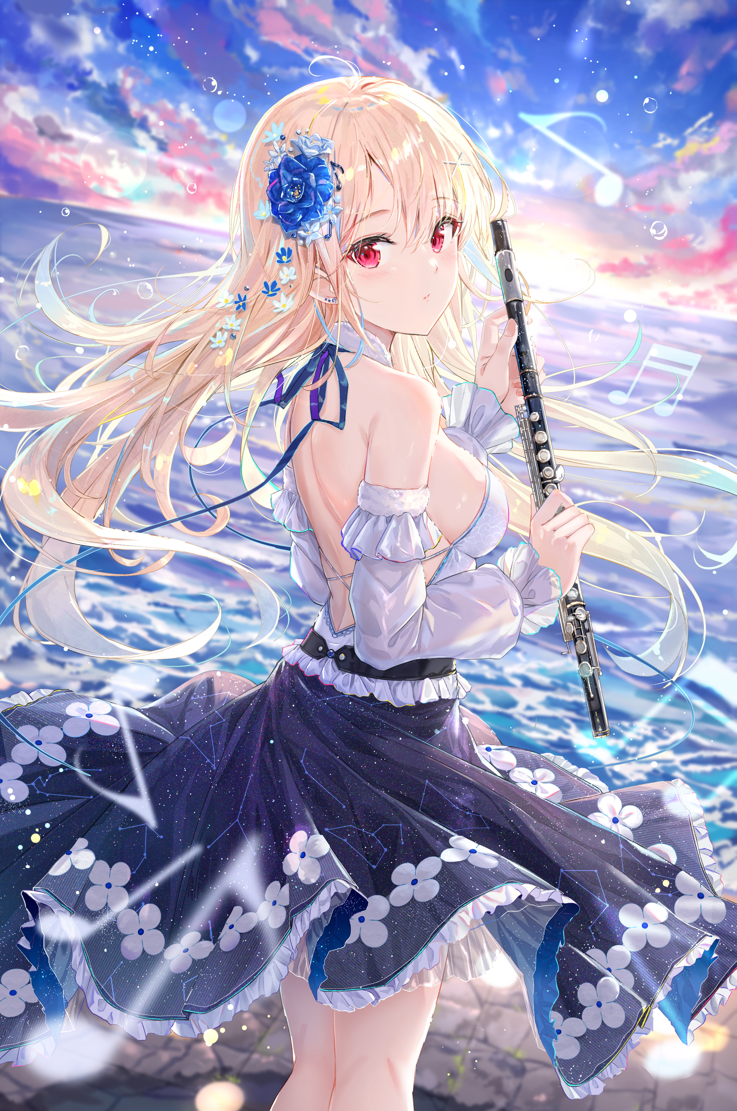 Anime Girls Portrait Display Blonde Musical Instrument Red Eyes Looking At Viewer Looking Back Long  2511x3786