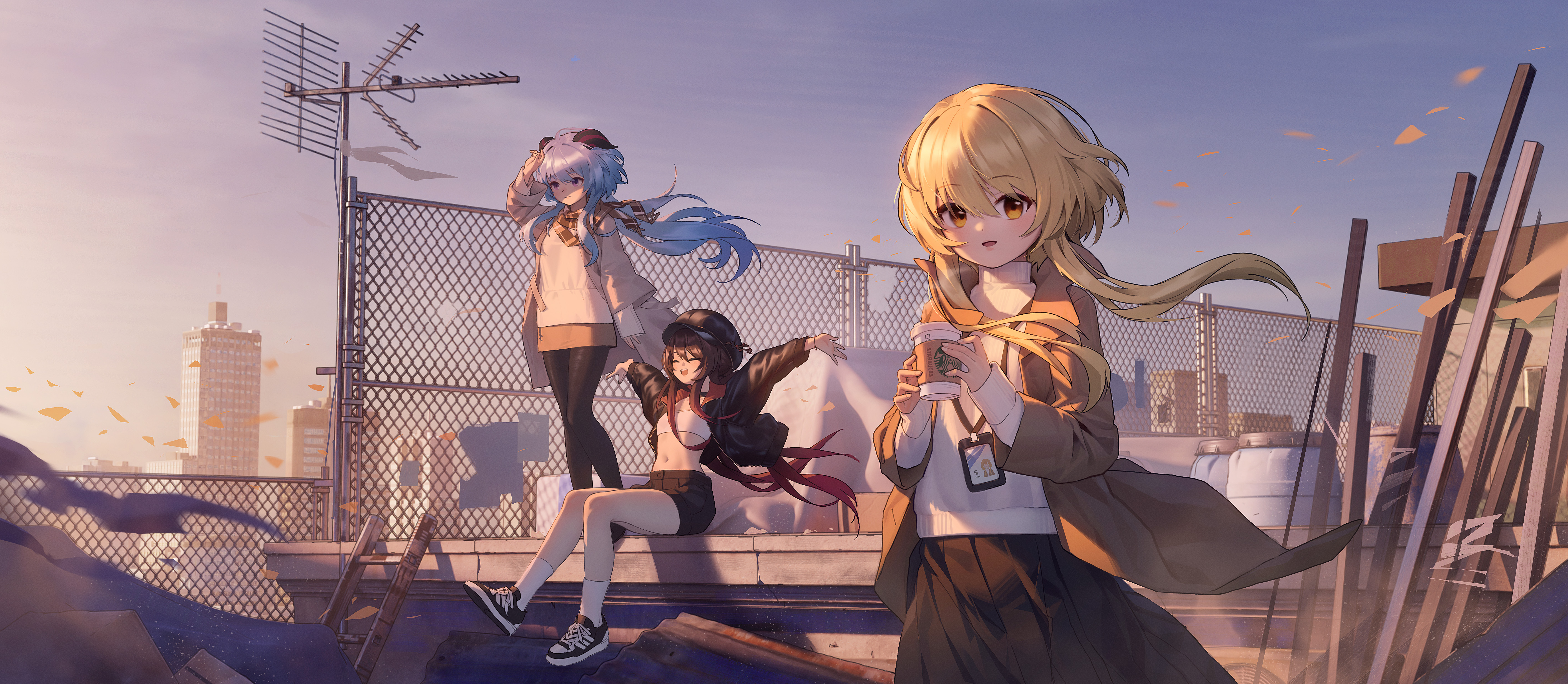 Anime Anime Girls Digital Art 2D Artwork Pixiv Looking At Viewer Outdoors Clear Sky Bare Midriff Gan 5648x2465