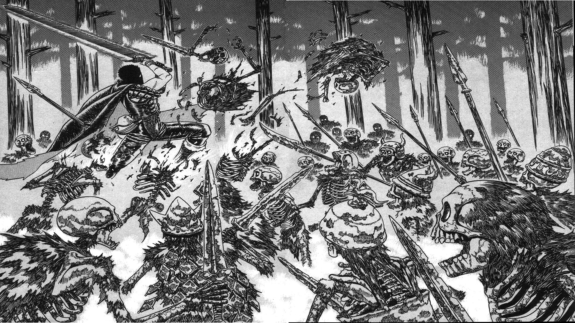 Berserk Guts Anime Men Manga Monochrome Armor Sword Skeleton Trees Lance Weapon Helmet Arrows 1920x1080