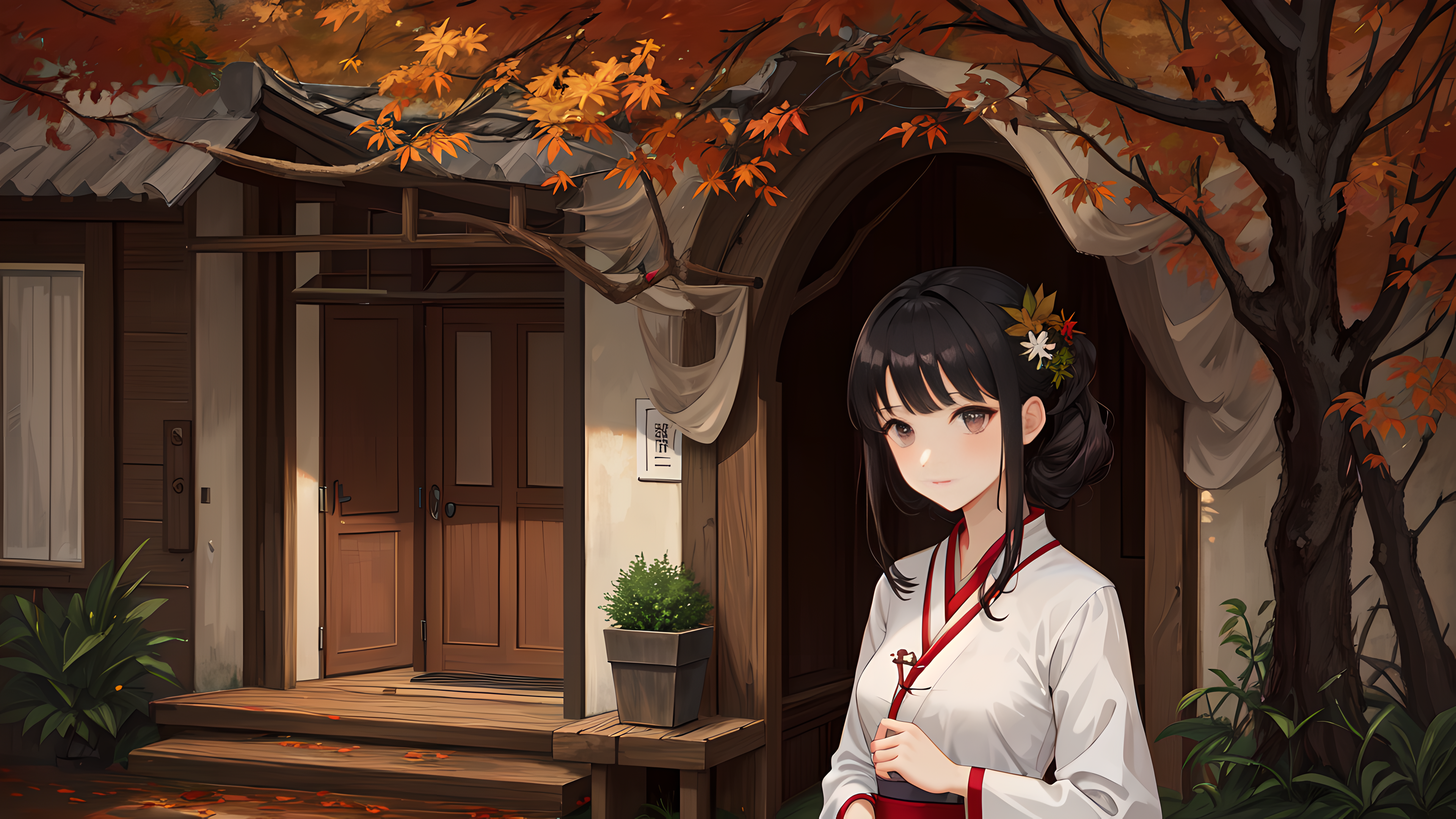 Ai Art Anime Girls Hanfu Maple Leaf House White Black Hair Leaves Looking At Viewer 3840x2160