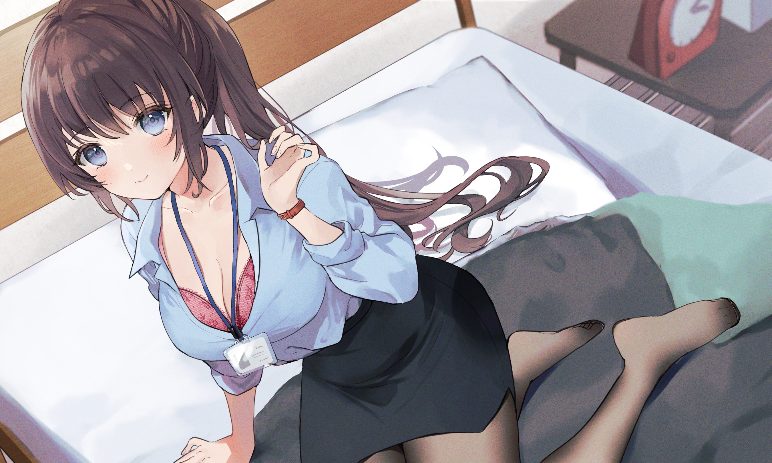 Anime Anime Girls Smiling Long Hair Looking At Viewer Bed Blue Eyes Brunette 2700x1620