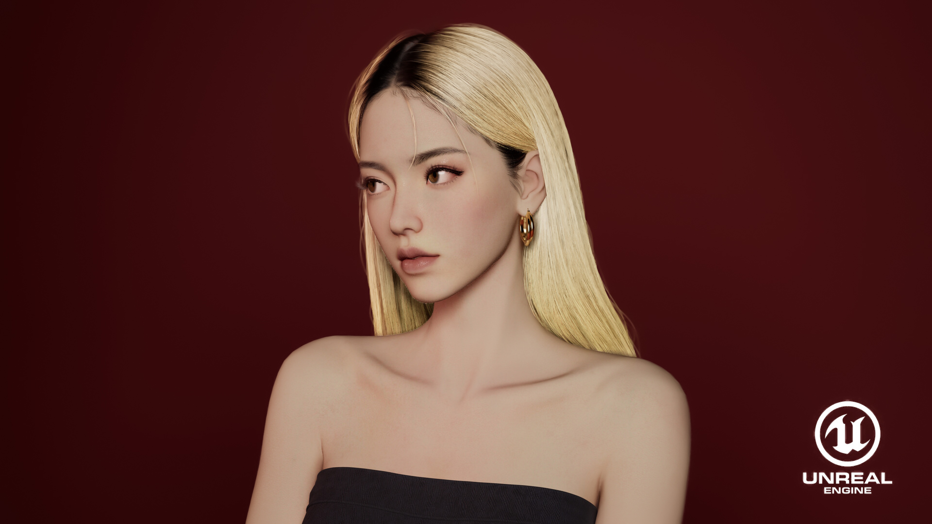 Ling Jie Zeng CGi Women Blonde Long Hair Portrait Bare Shoulders Black Clothing Red Background Front 1920x1080