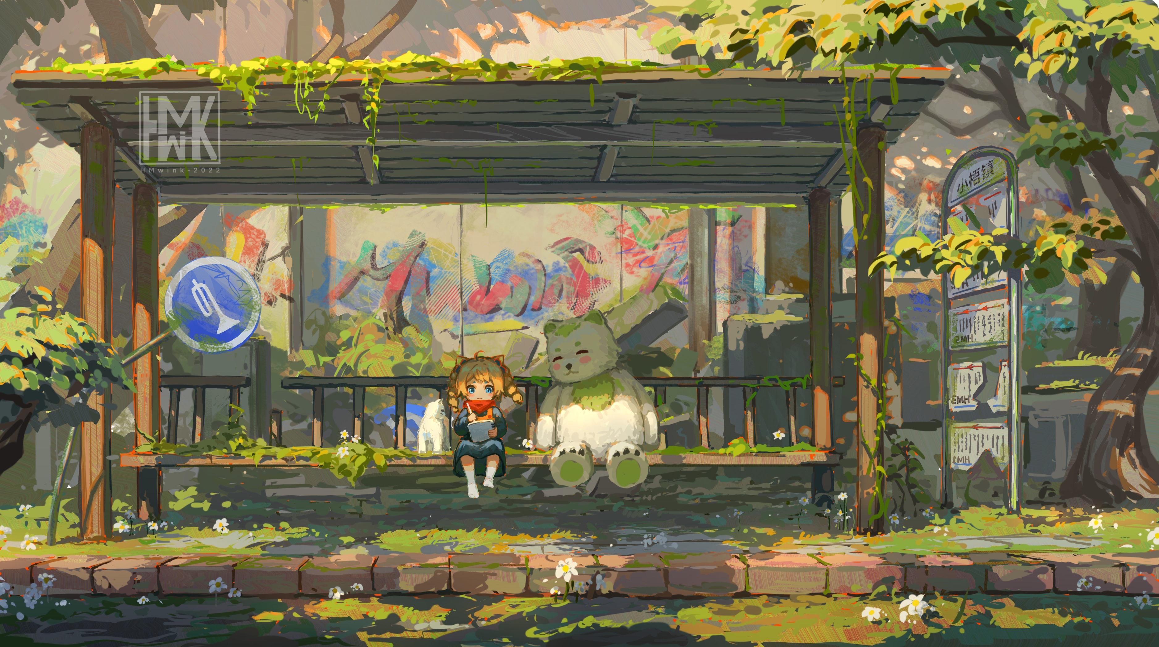 Hua Ming Wink Original Characters Illustration Anime Girls Nature Pointy Ears Animals Bears Bus Stop 3754x2095