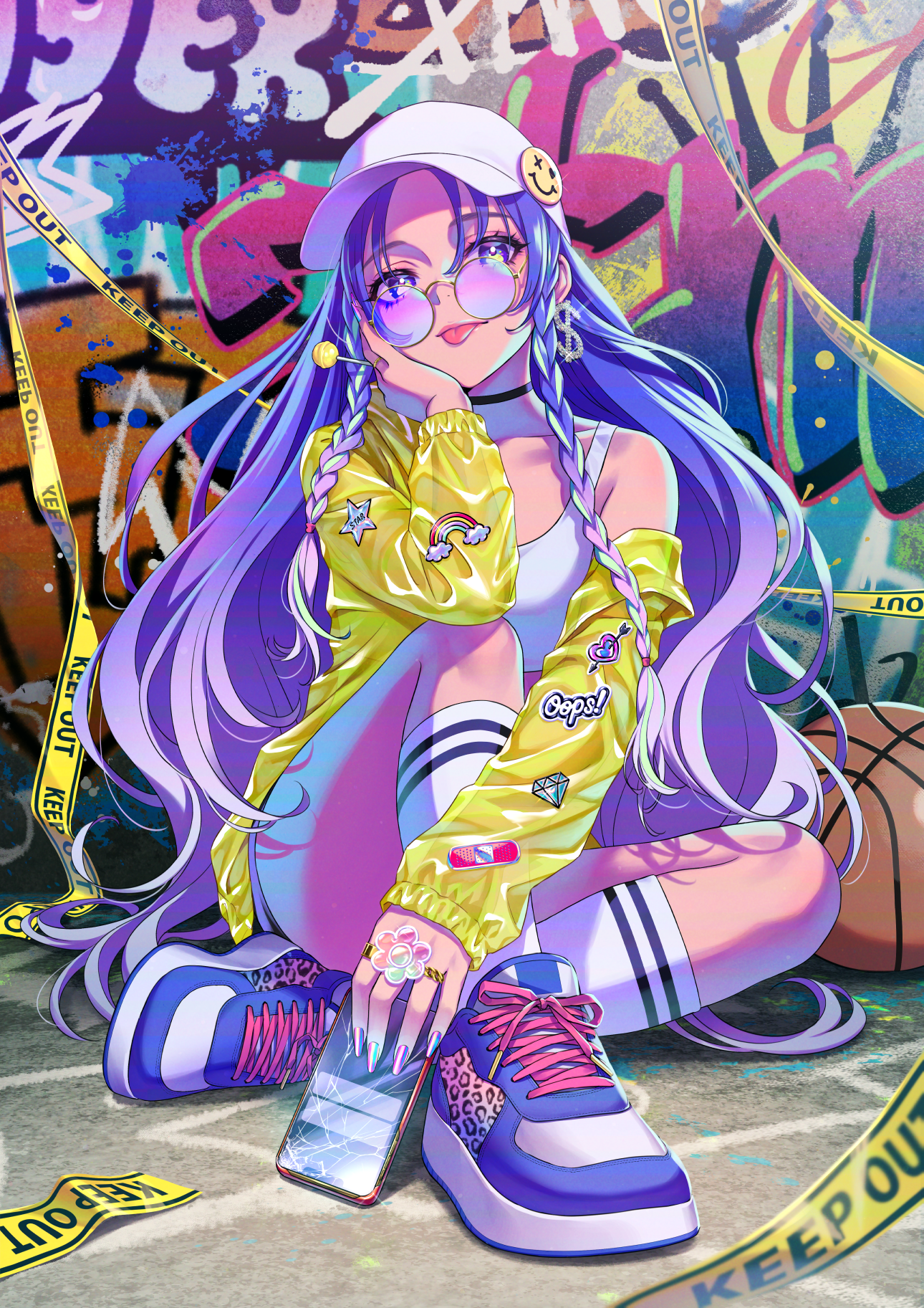 Anime Anime Girls Hat Sunglasses Shoes Phone Tongue Out Graffiti Artwork Morikura En 1290x1825