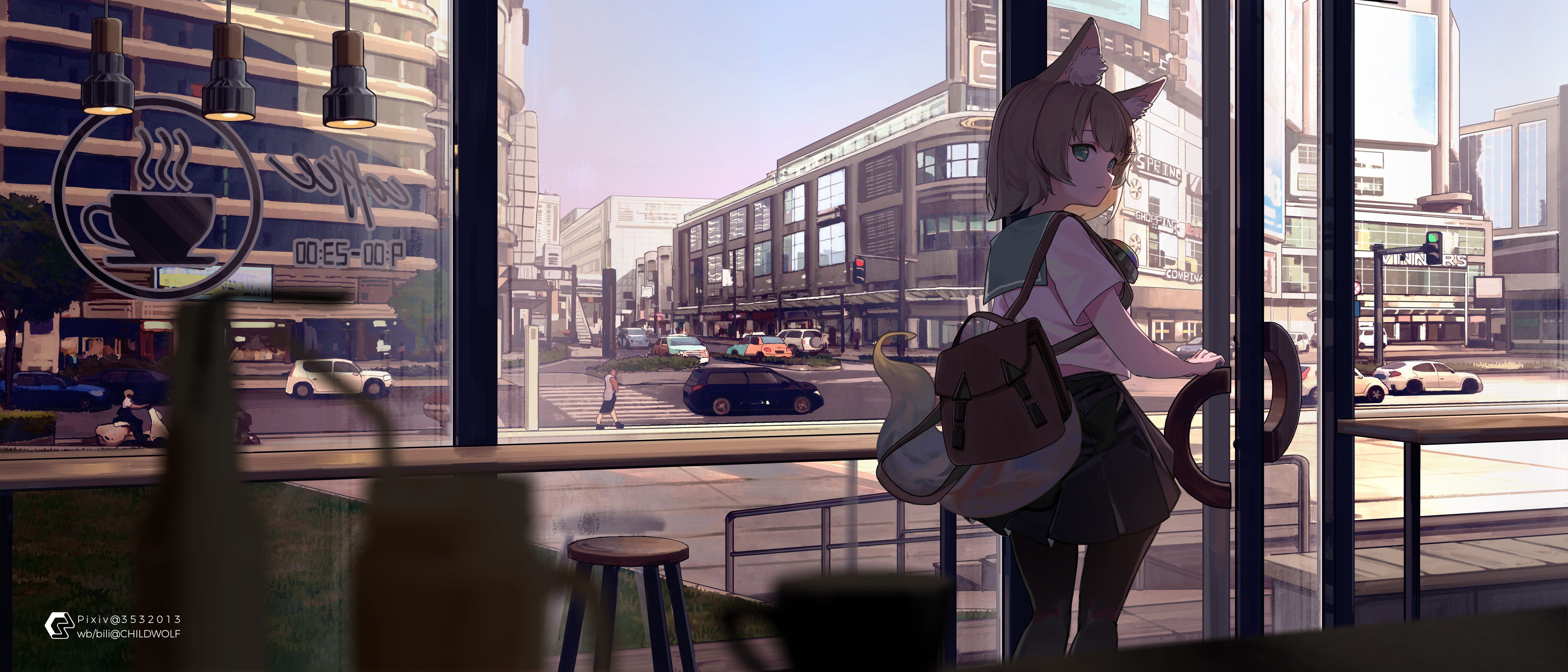 Anime Anime Girls Artwork Cat Girl Coffee House City Cat Ears Looking At Viewer Building Door Window 6300x2700