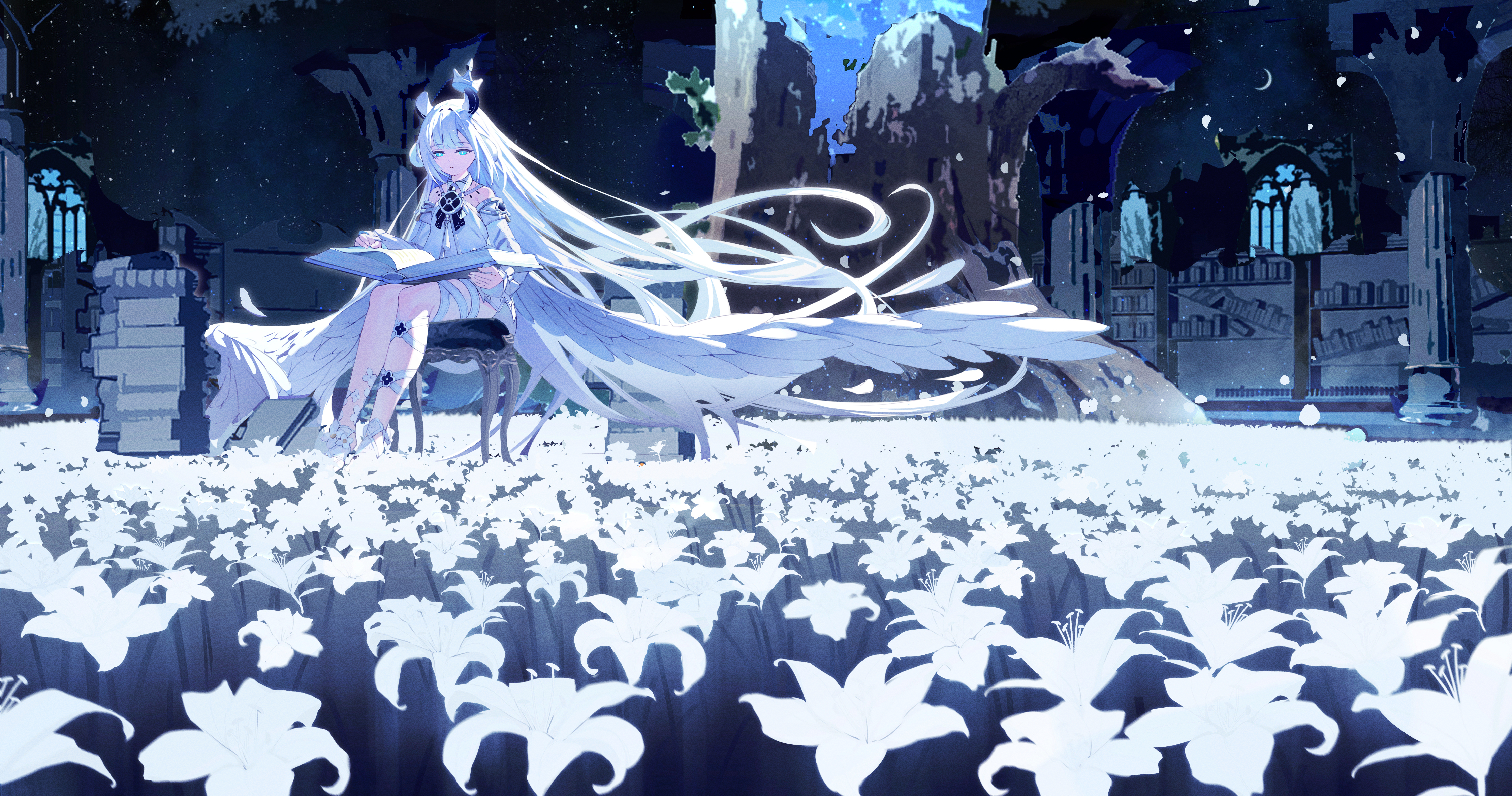 Anime Anime Girls Long Hair Flowers Field Crescent Moon Petals Reading Sitting Blue Eyes 4488x2362