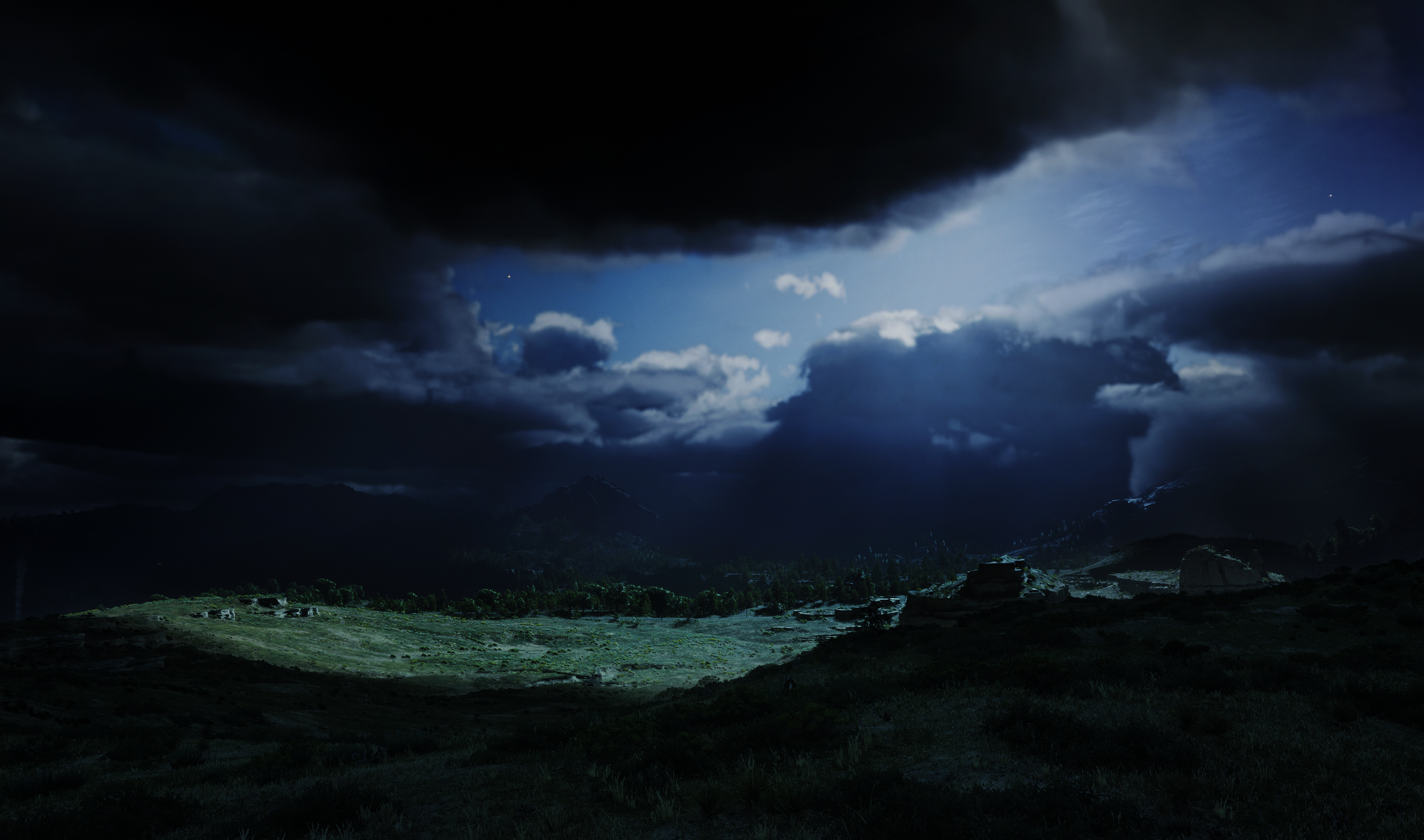 Red Dead Redemption 2 Valley Dark Background Forest Night Moonlight Grass Night Sky Clouds Nature Vi 2358x1392