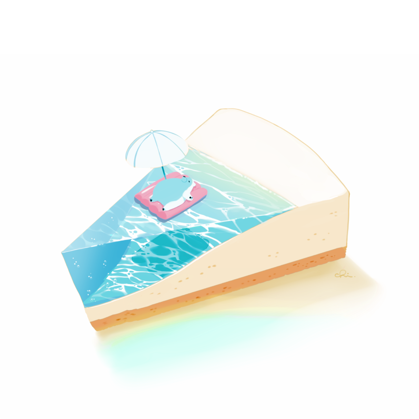 Pixiv Animals Cake Water Umbrella Sand Simple Background White Background Floater Lying Down Lying O 1371x1371
