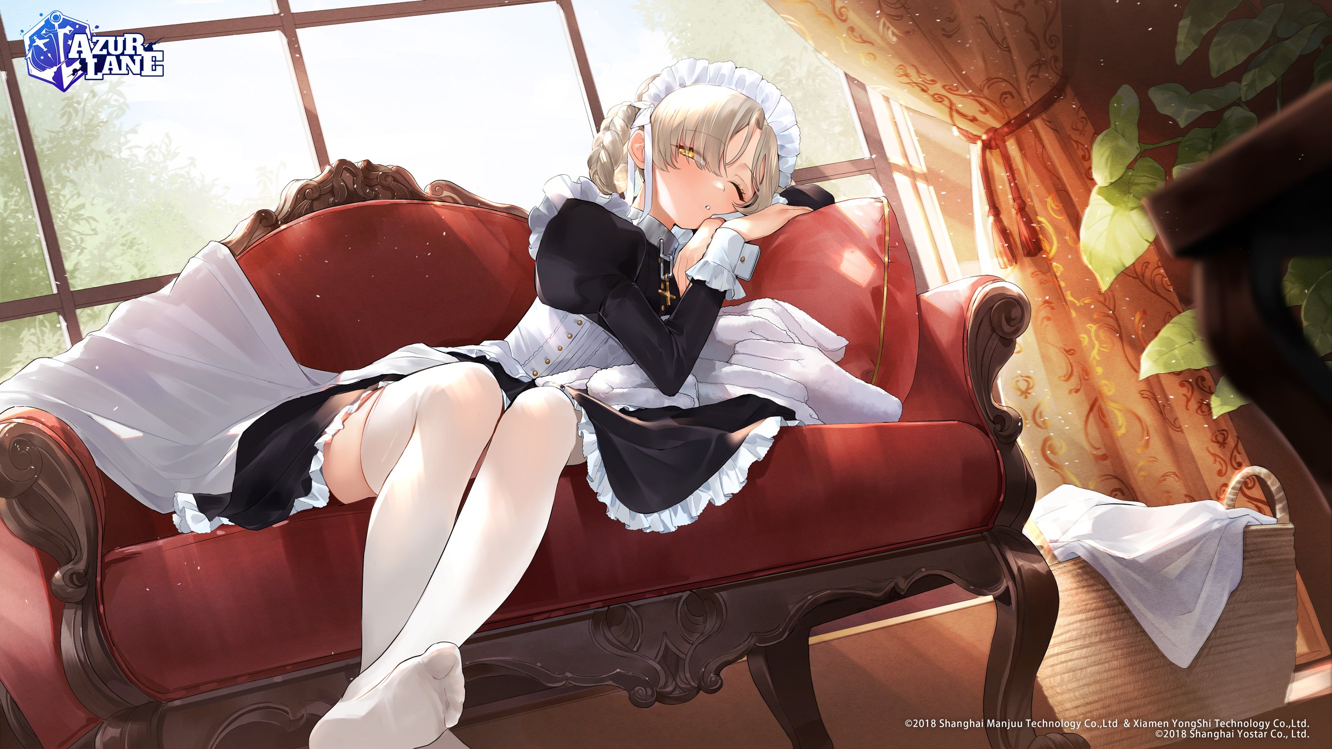 Sheffield Azur Lane Azur Lane Maid Outfit Anime Girls Sitting Couch Watermarked Logo One Eye Closed  2667x1500