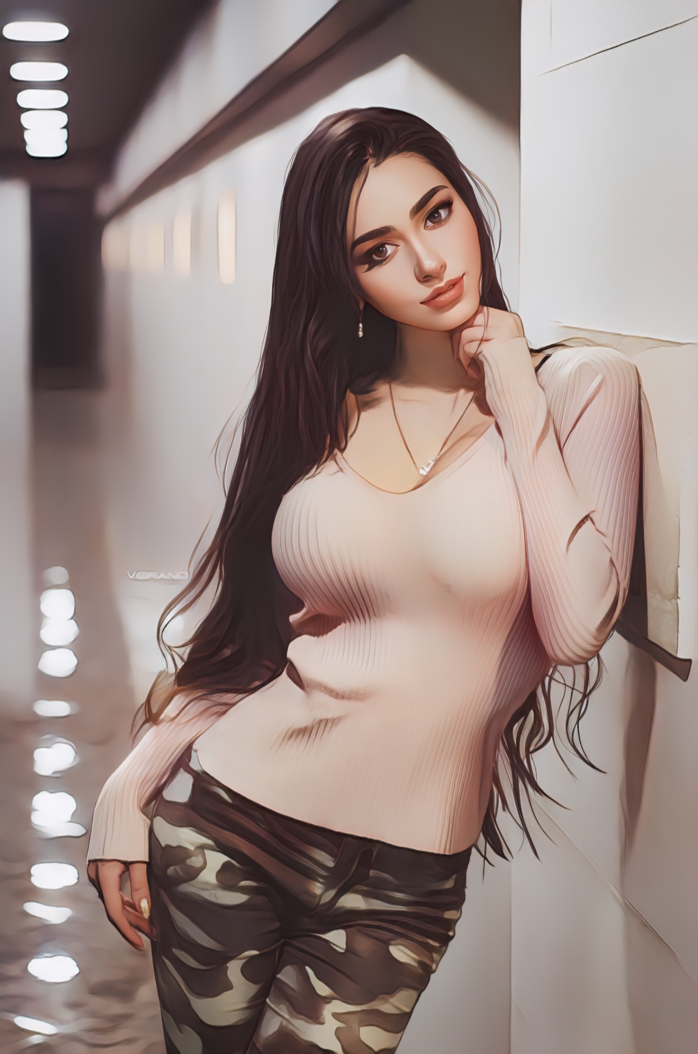 Model Looking At Viewer Women Digital Art Vertical Necklace Long Hair Photoshopped 1357x2048