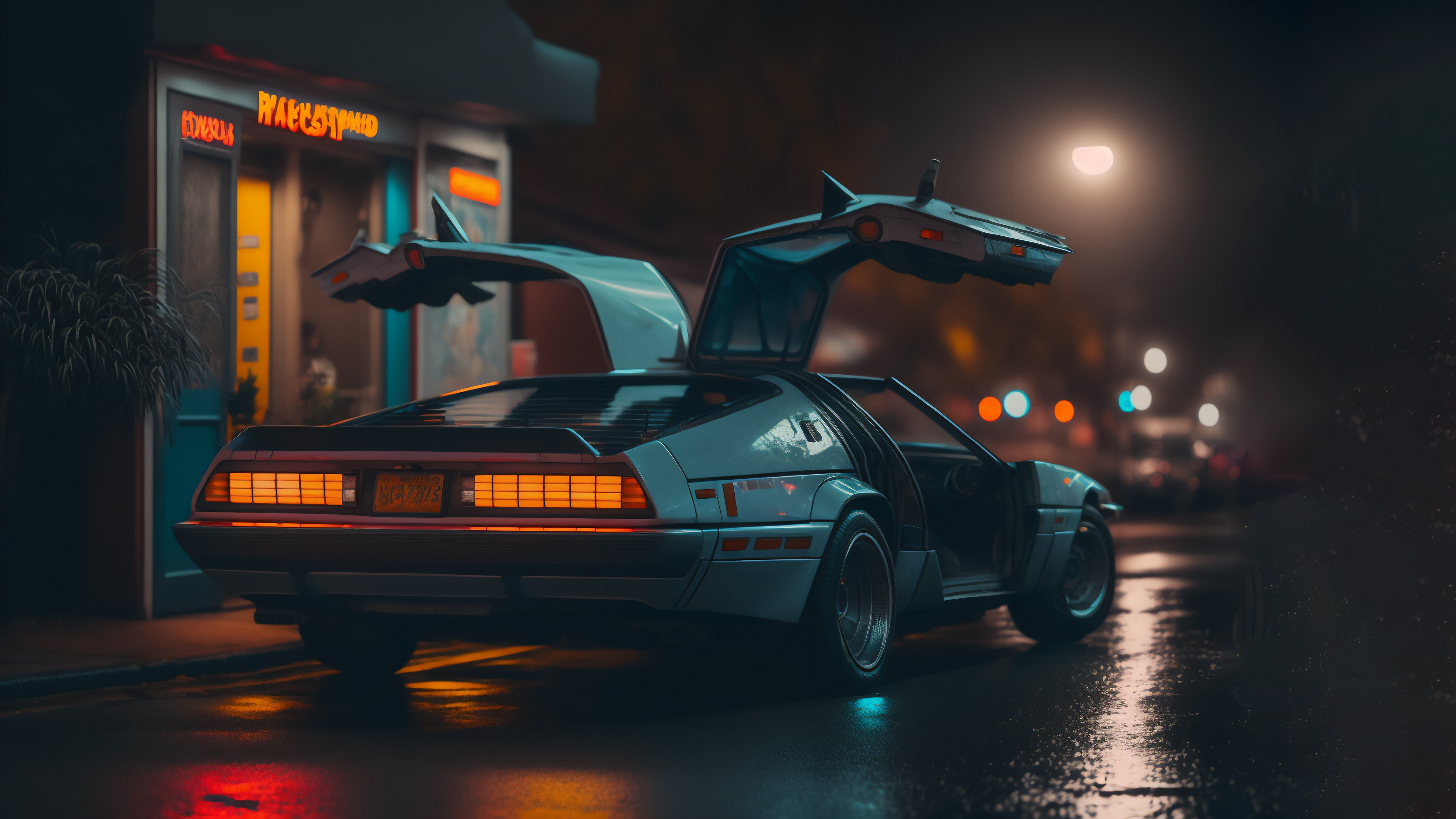 Science Fiction Ai Art Car Night Sports Car DeLorean Cyberpunk City Taillights Licence Plates 3641x2048
