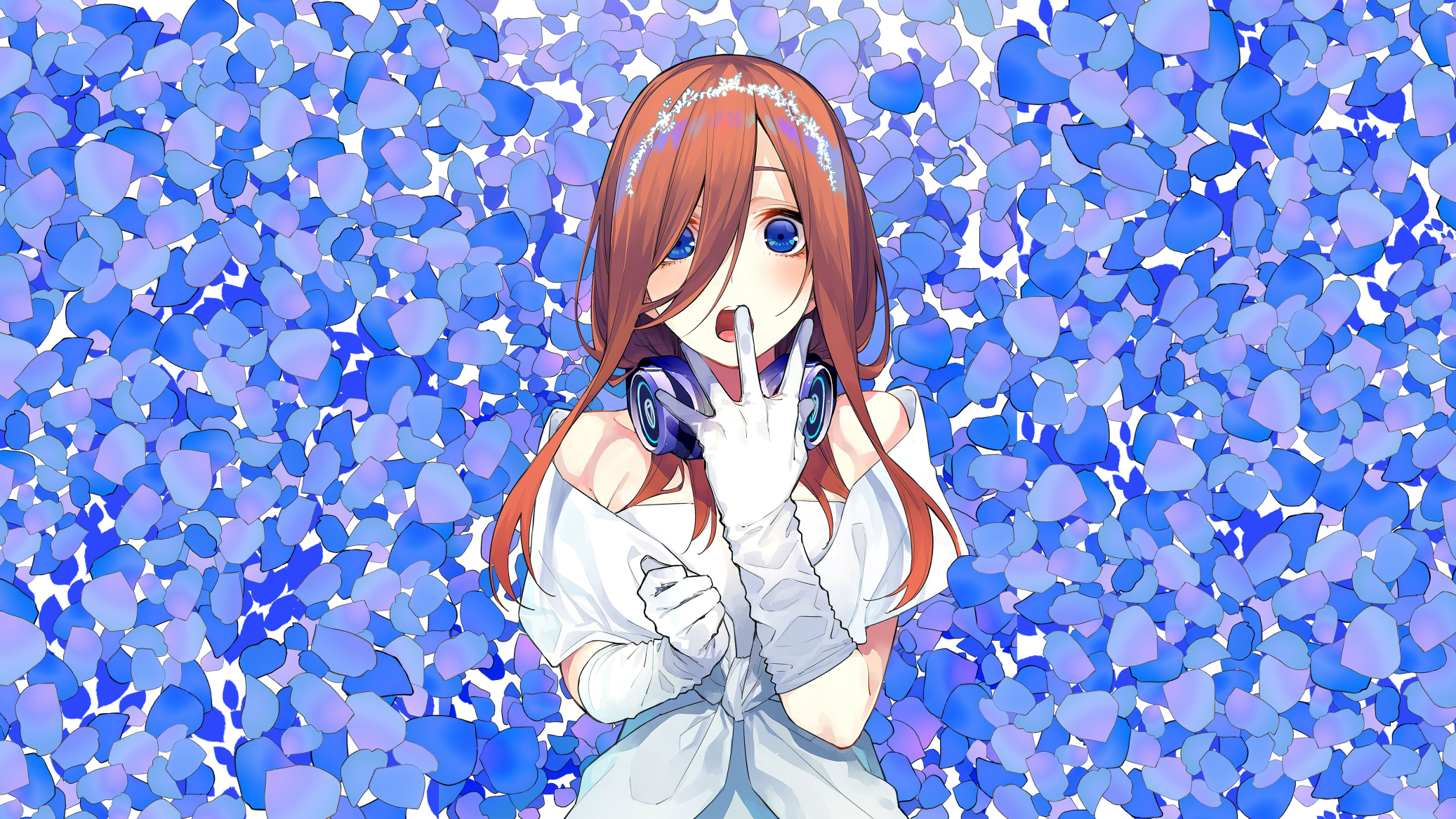 5 Toubun No Hanayome Nakano Miku Looking At Viewer Blue Eyes Open Mouth Shocked Blue Background Whit 2074x1167