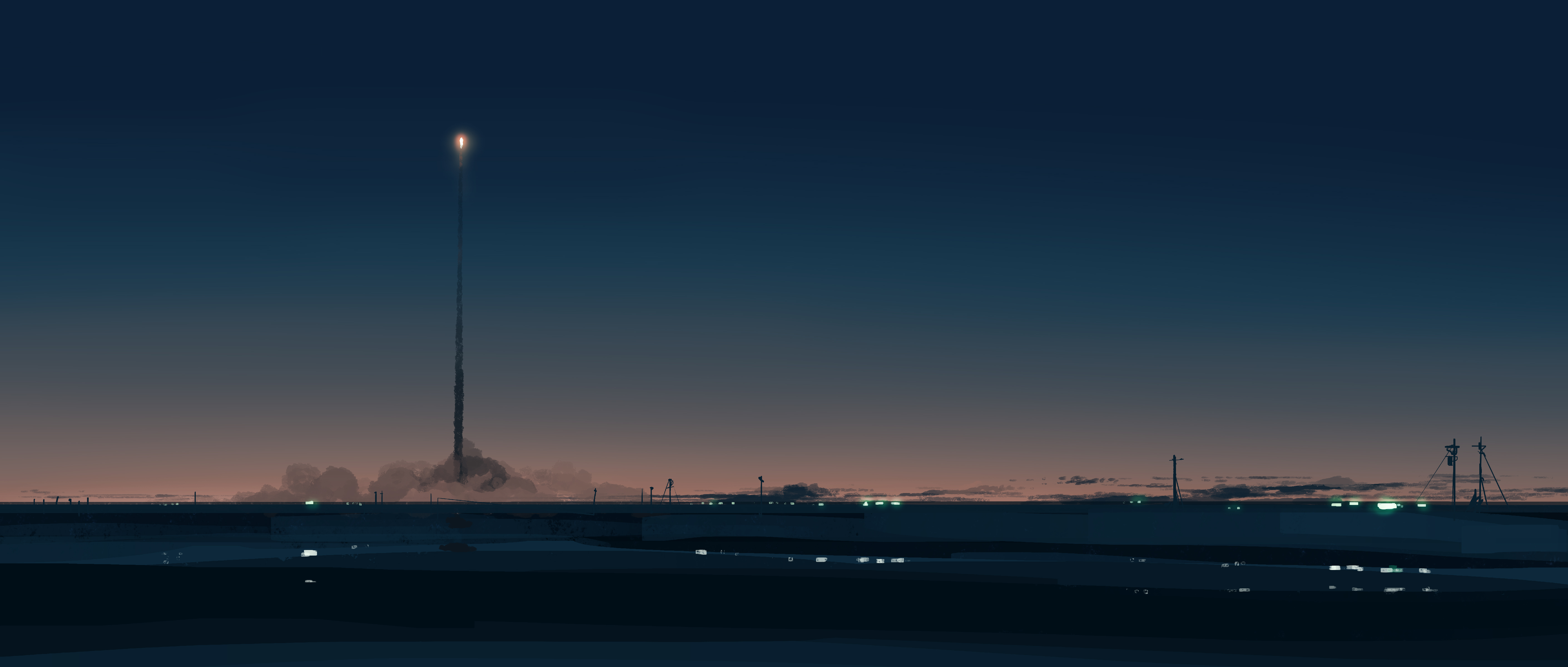 Gracile Digital Art Artwork Illustration Landscape Wide Screen Sunset Sky Smoke Blue Missiles Ultraw 5640x2400