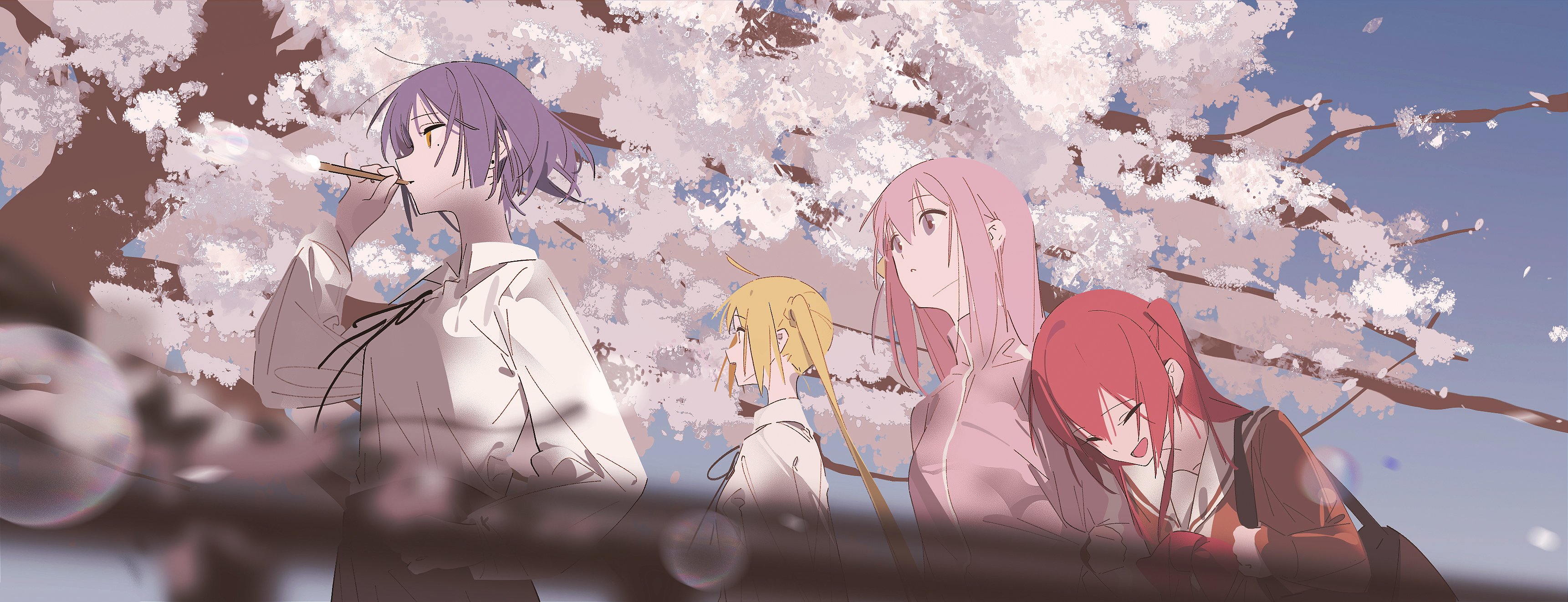 BOCCHi THE ROCK Cherry Blossom Ultrawide Anime Girls Flowers Closed Eyes Long Hair Bubbles Gotou Hit 3443x1323