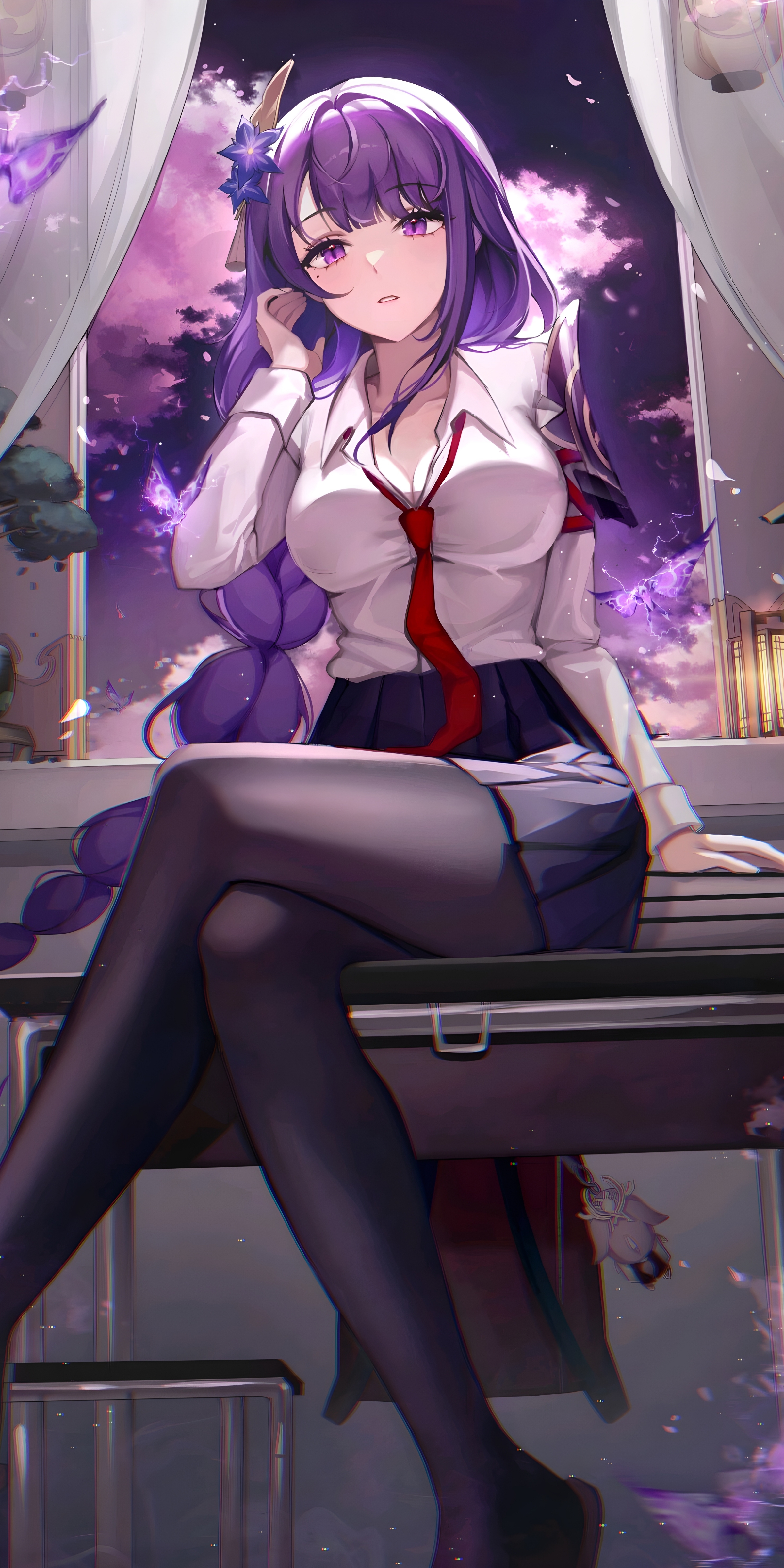 Anime Anime Girls Genshin Impact Raiden Shogun Genshin Impact Legs Crossed Vertical Purple Hair Purp 2400x4800