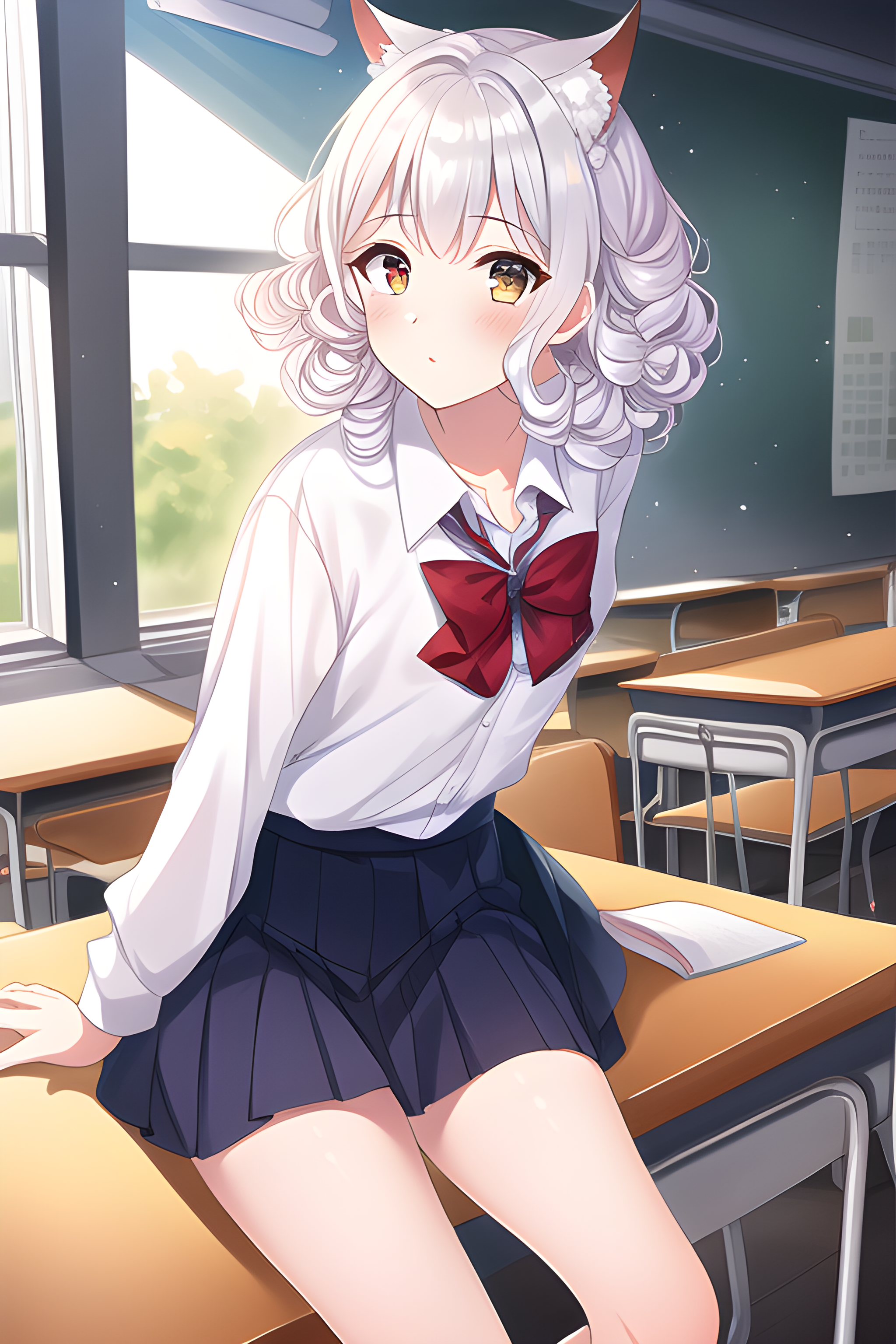 Classroom Students White Hair Red Pupil Animal Ears Anime Anime Girls Yellow Eyes Schoolgirl School  2048x3072