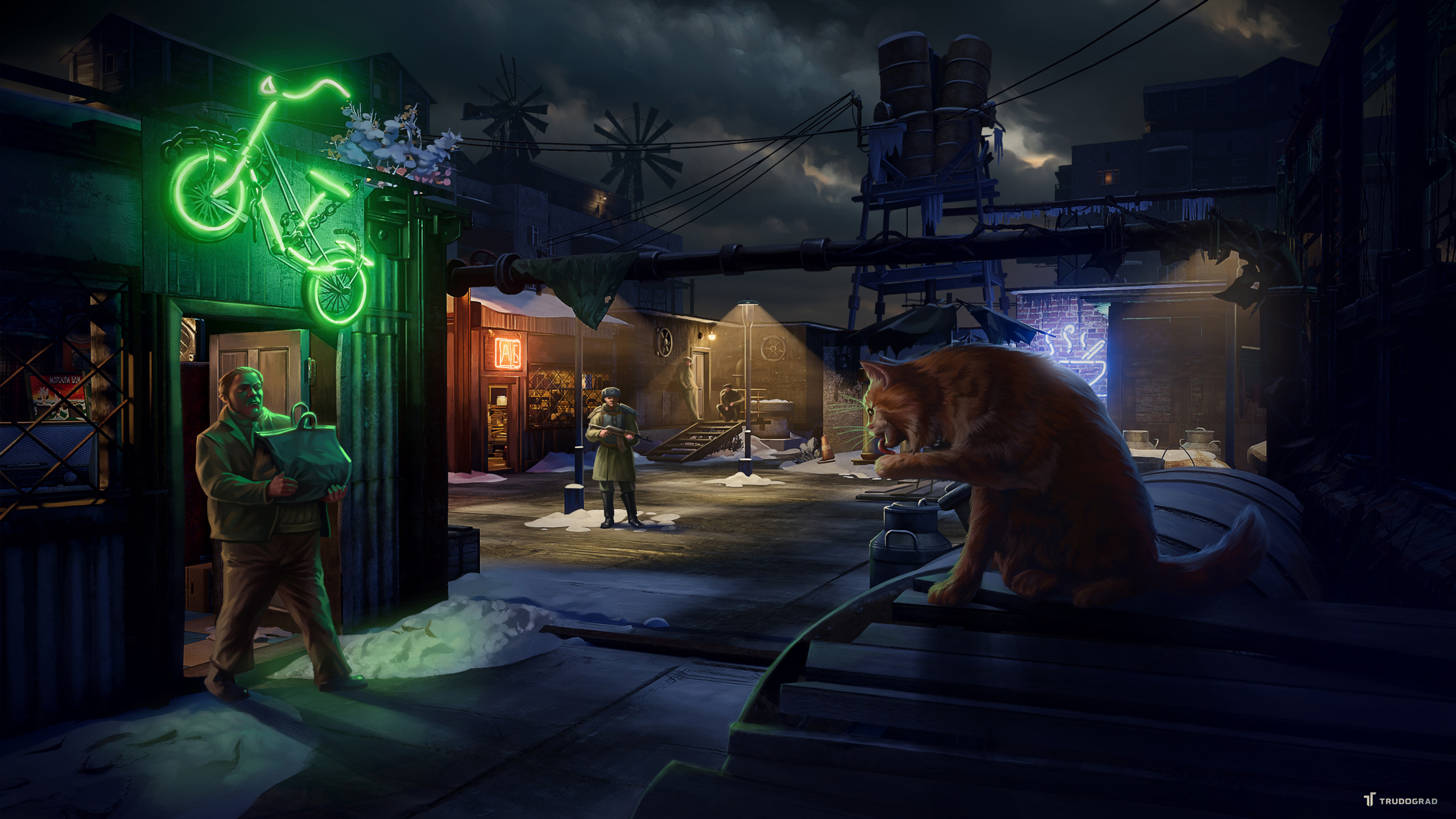 ATOM RPG RPG Doomsday Wasteland Game Trudograd Neon Video Games Cats Men Video Game Art 2560x1440