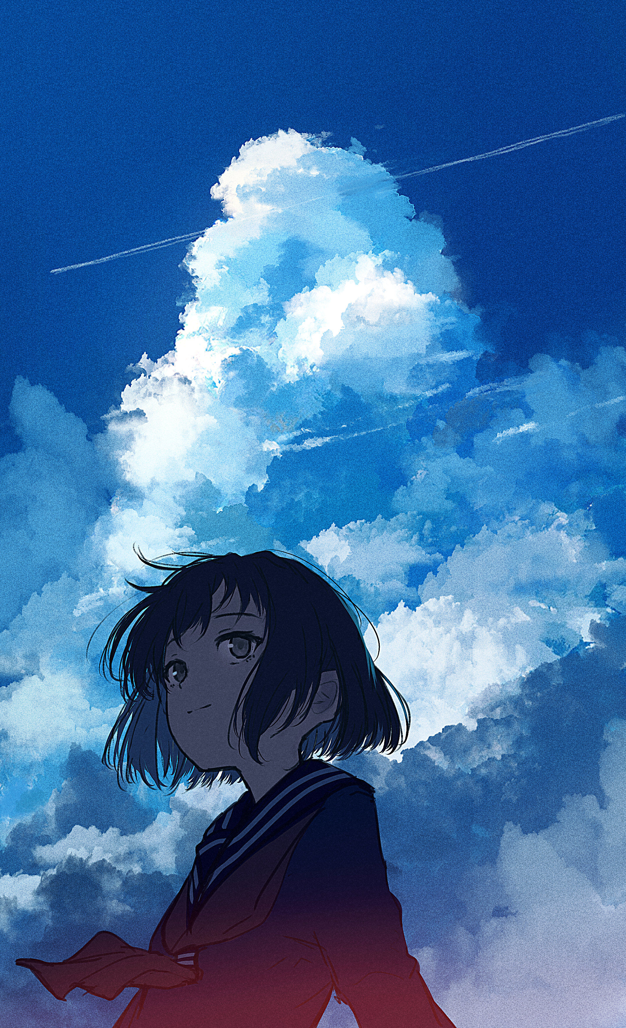 Anime Girls Dusk Clouds Dark Hair Original Characters Blue Background Smiling Schoolgirl School Unif 2133x3500