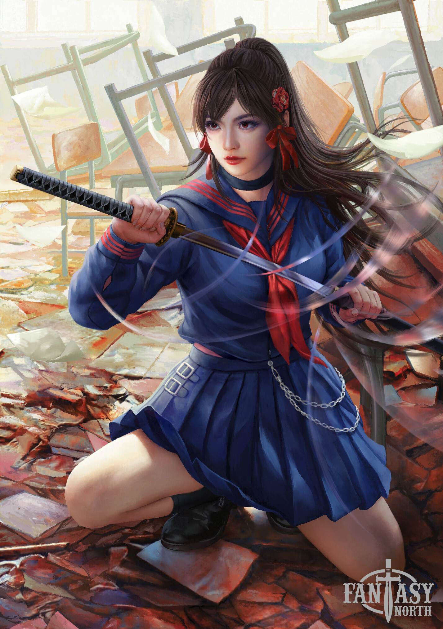 Mario Wibisono Drawing Women Asian Brunette Weapon Schoolgirl Katana Classroom School Uniform 1428x2028
