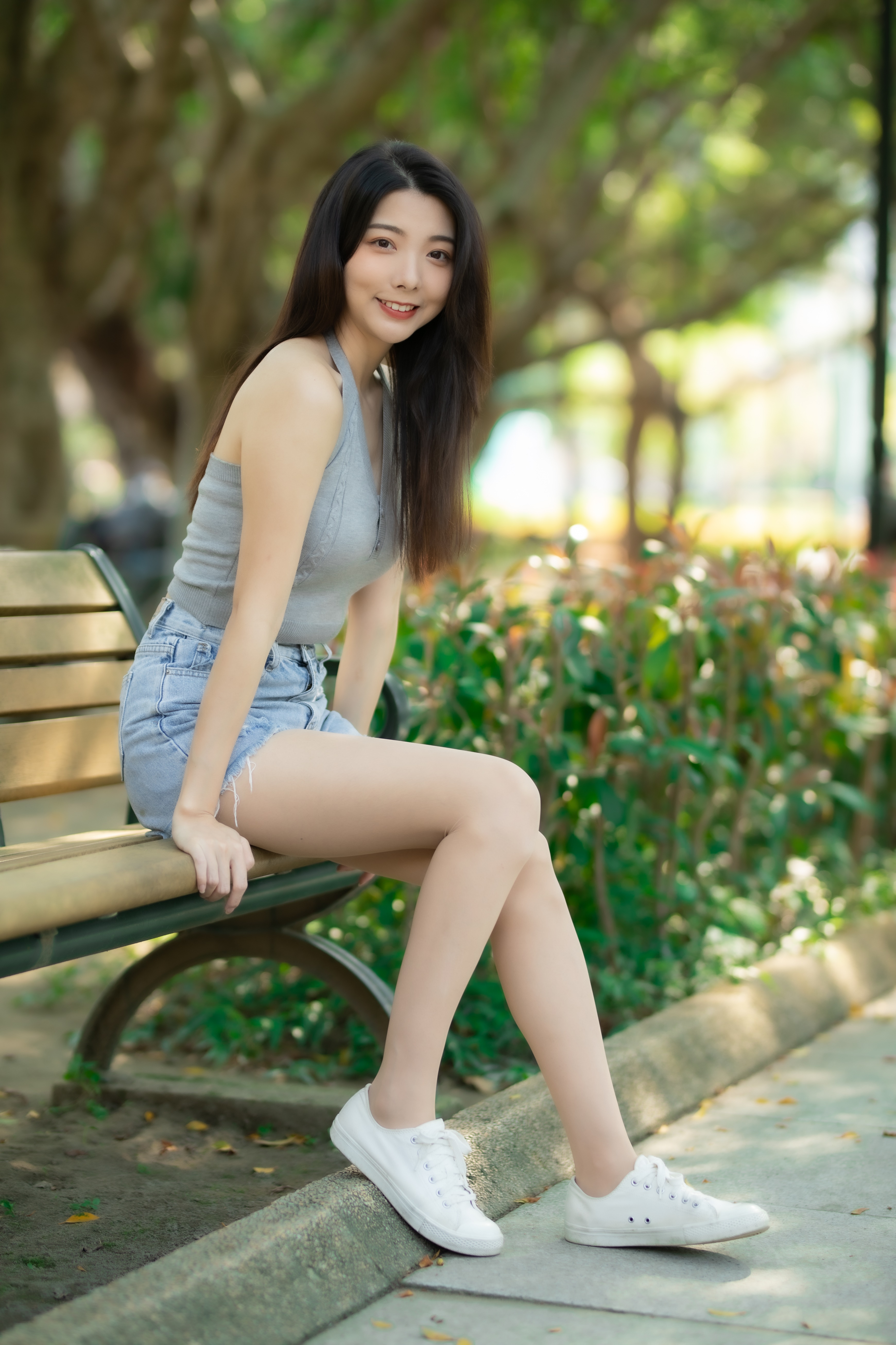 Asian Model Women Long Hair Dark Hair Sitting Bench Grey Shirt Sneakers Bushes Depth Of Field Jean S 3480x5220