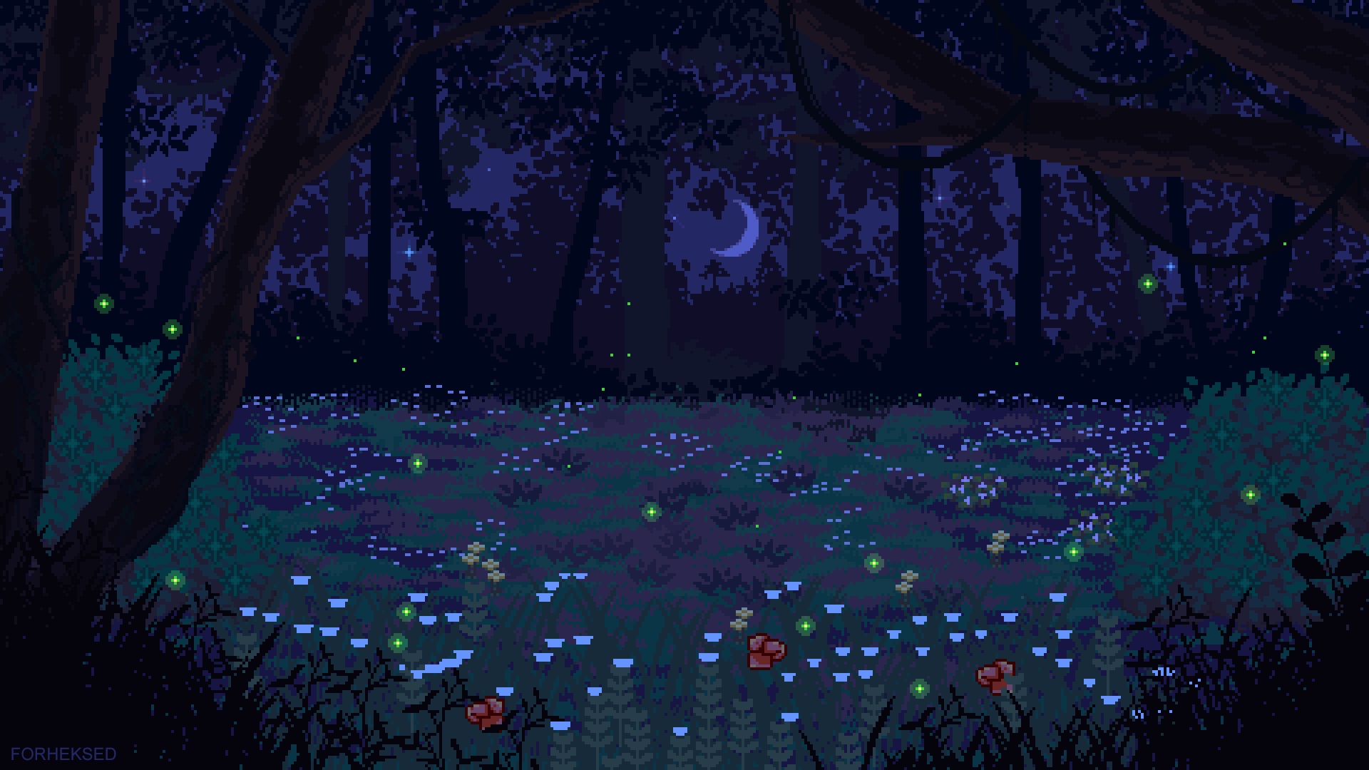 Pixel Art Nature Night Crescent Moon Flowers Bioluminescence Forest Clearing Forest Digital Art Ligh 1920x1080