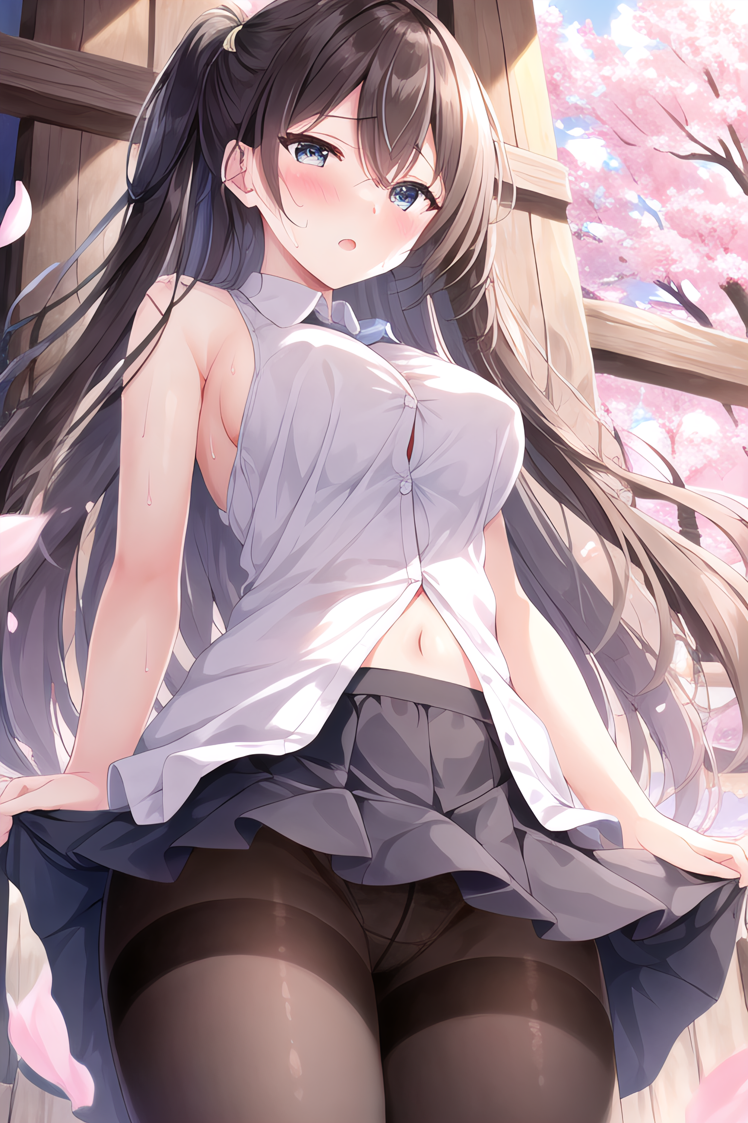 Anime Anime Girls Stable Diffusion Ai Art Artwork Digital Art Vertical Blushing Cherry Trees Petals  1536x2304