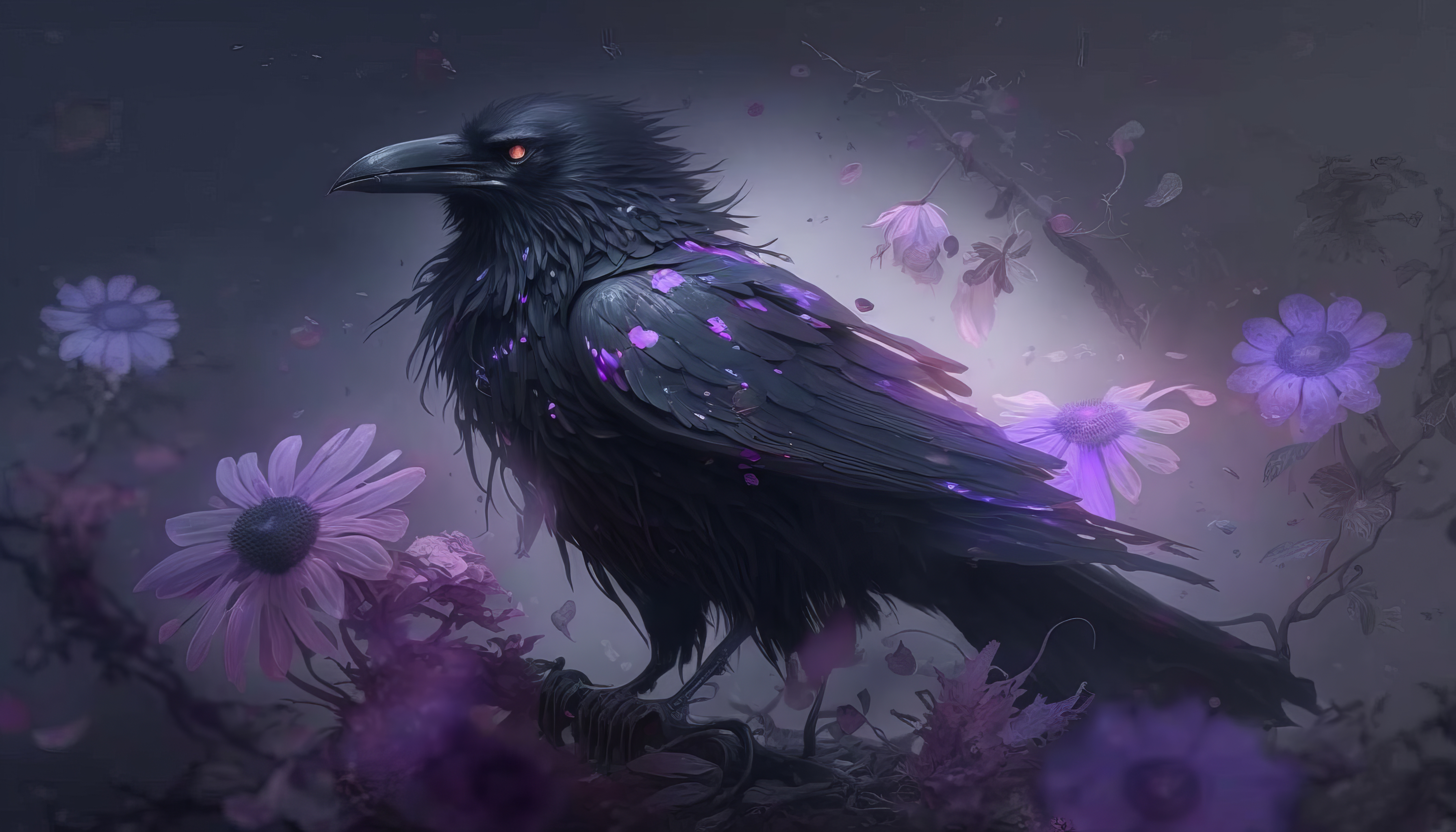 Ai Art Illustration Birds Animals Raven Purple Flowers Petals 4579x2616