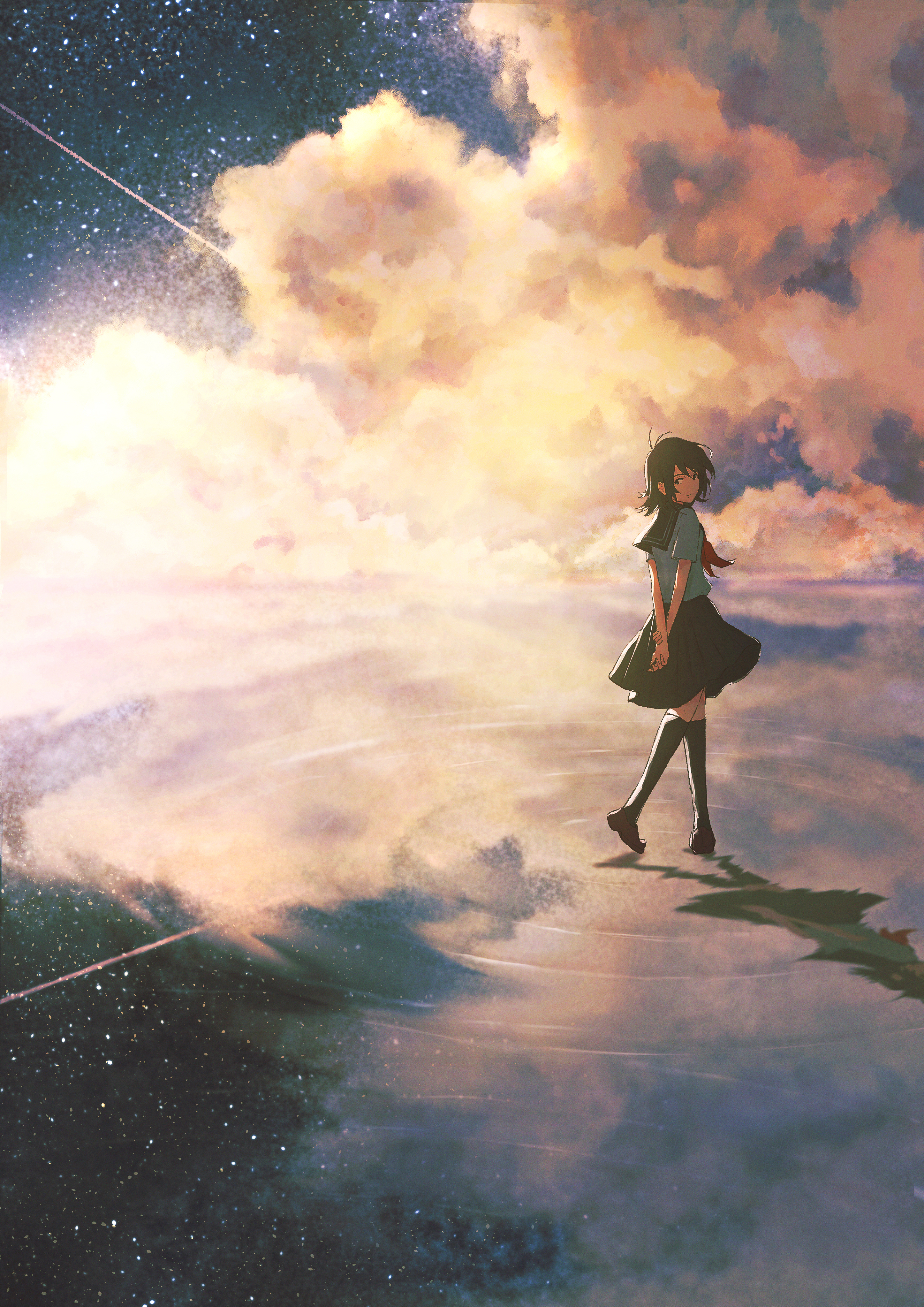 Oka Kojiro Illustration Anime Girls Women School Uniform Vertical Knee Highs Reflection Water Clouds 2894x4093