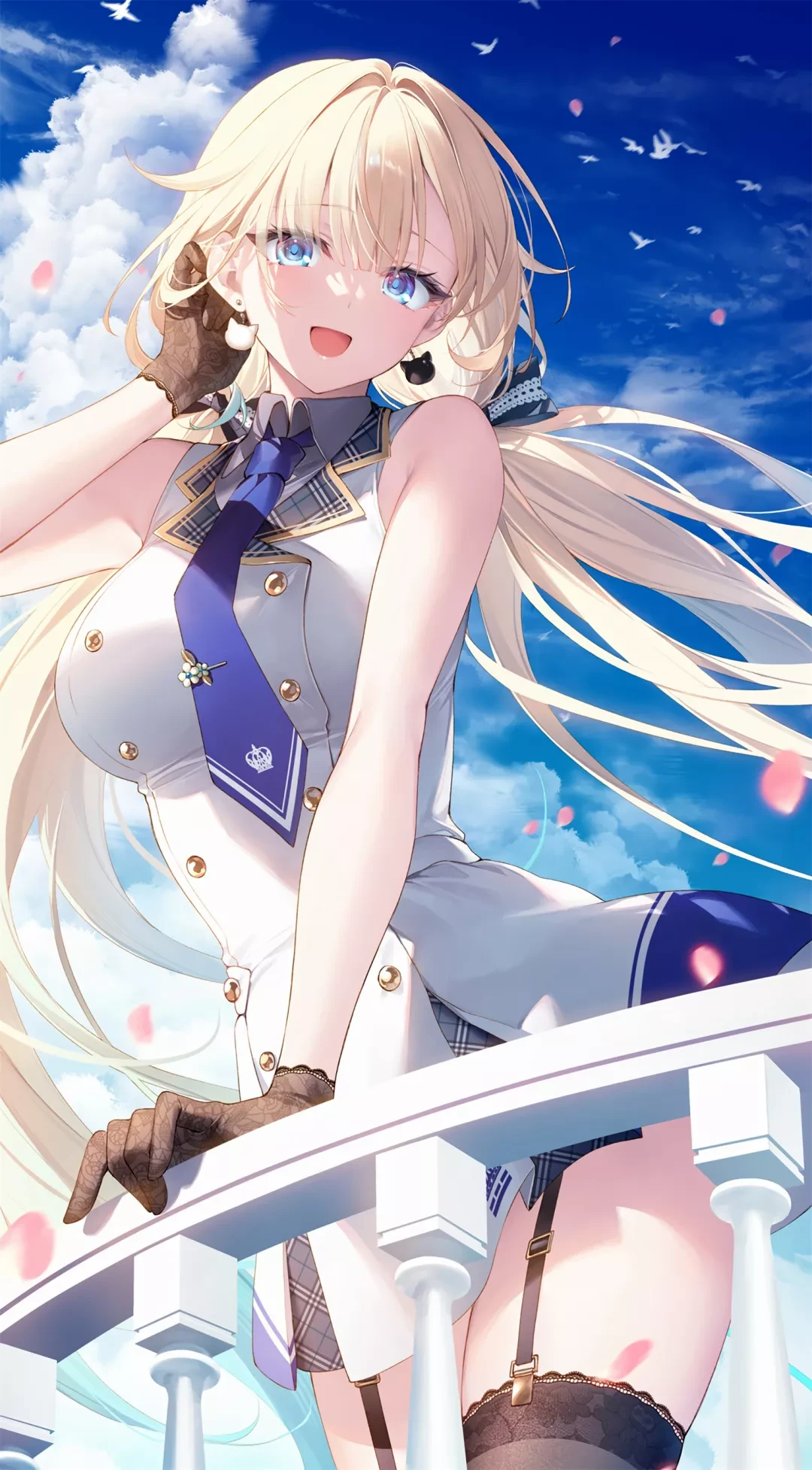 Anime Anime Girls Vertical Gloves Petals Long Hair Twintails Clouds Tie Looking At Viewer 1080x1955