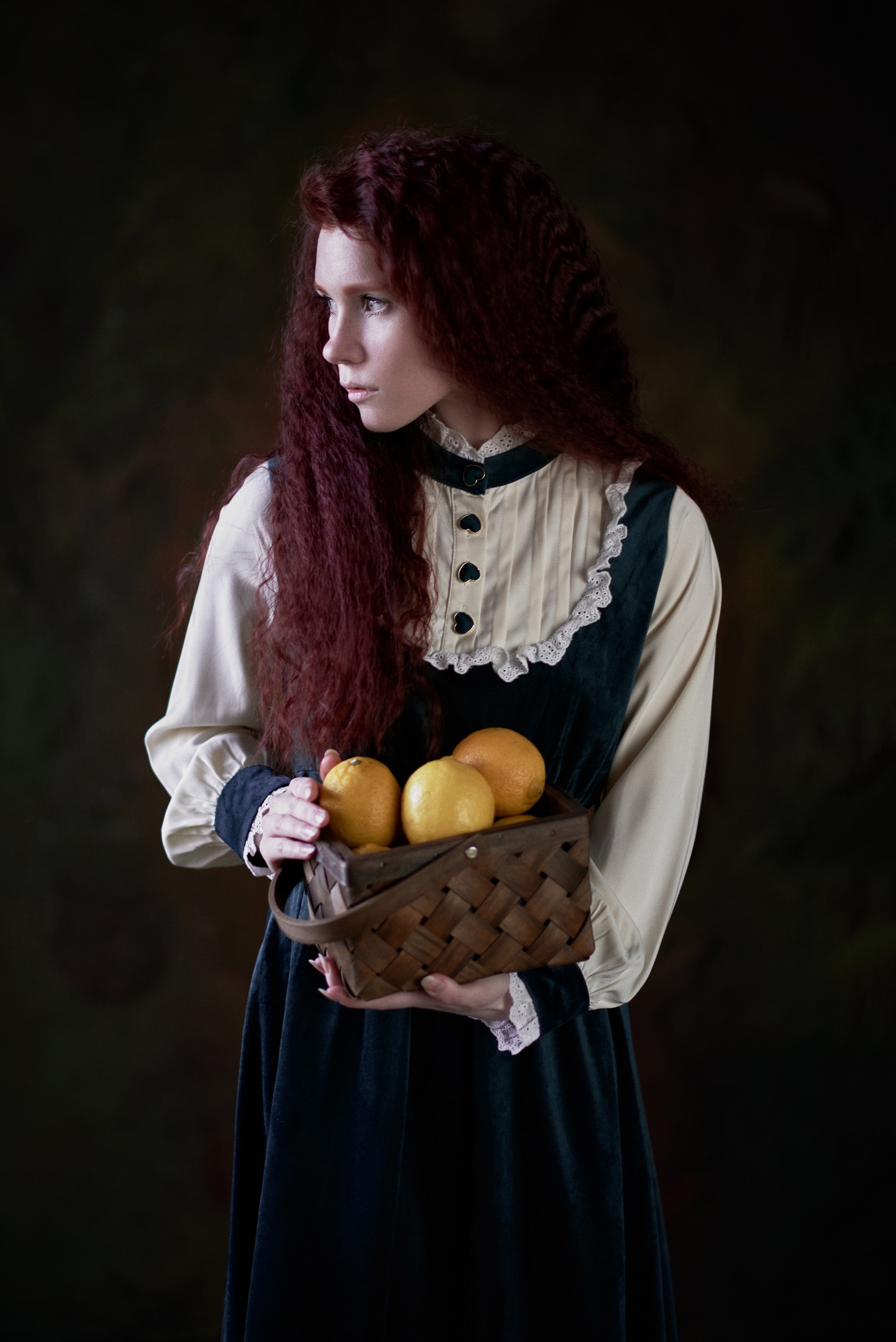 Max Pyzhik Women Olesya Lobashova Redhead Long Hair Dress Fruit Lemons Simple Background 1442x2160