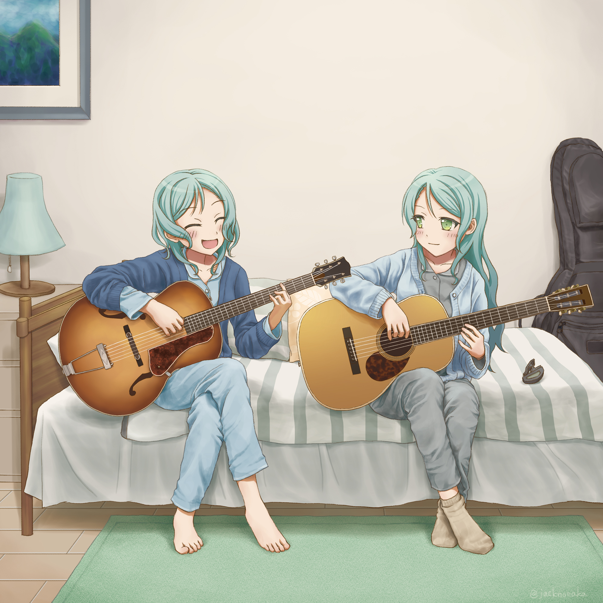 Anime Anime Girls BanG Dream Hikawa Hina Hikawa Sayo Long Hair Short Hair Green Hair Twins Artwork D 2000x2001