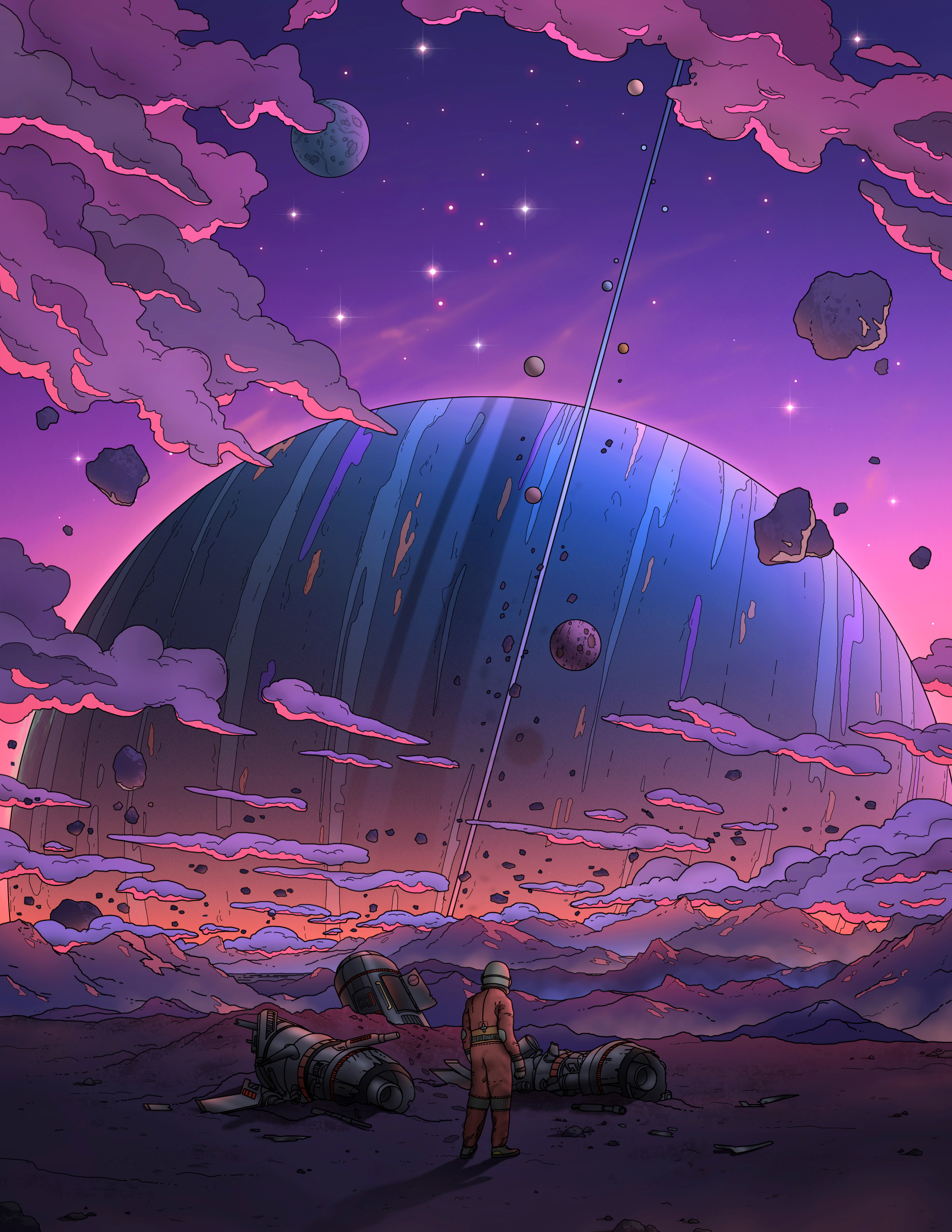 Christian Demczuk Artwork Digital Art Illustration Clouds Stars Planet Saturn Mountains Astronaut Ab 2319x3000