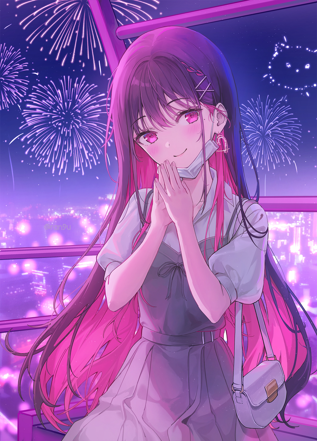 Anime Anime Girls Two Tone Hair Long Hair Purse Fireworks Smiling Mask Standing Looking At Viewer Ci 1077x1500