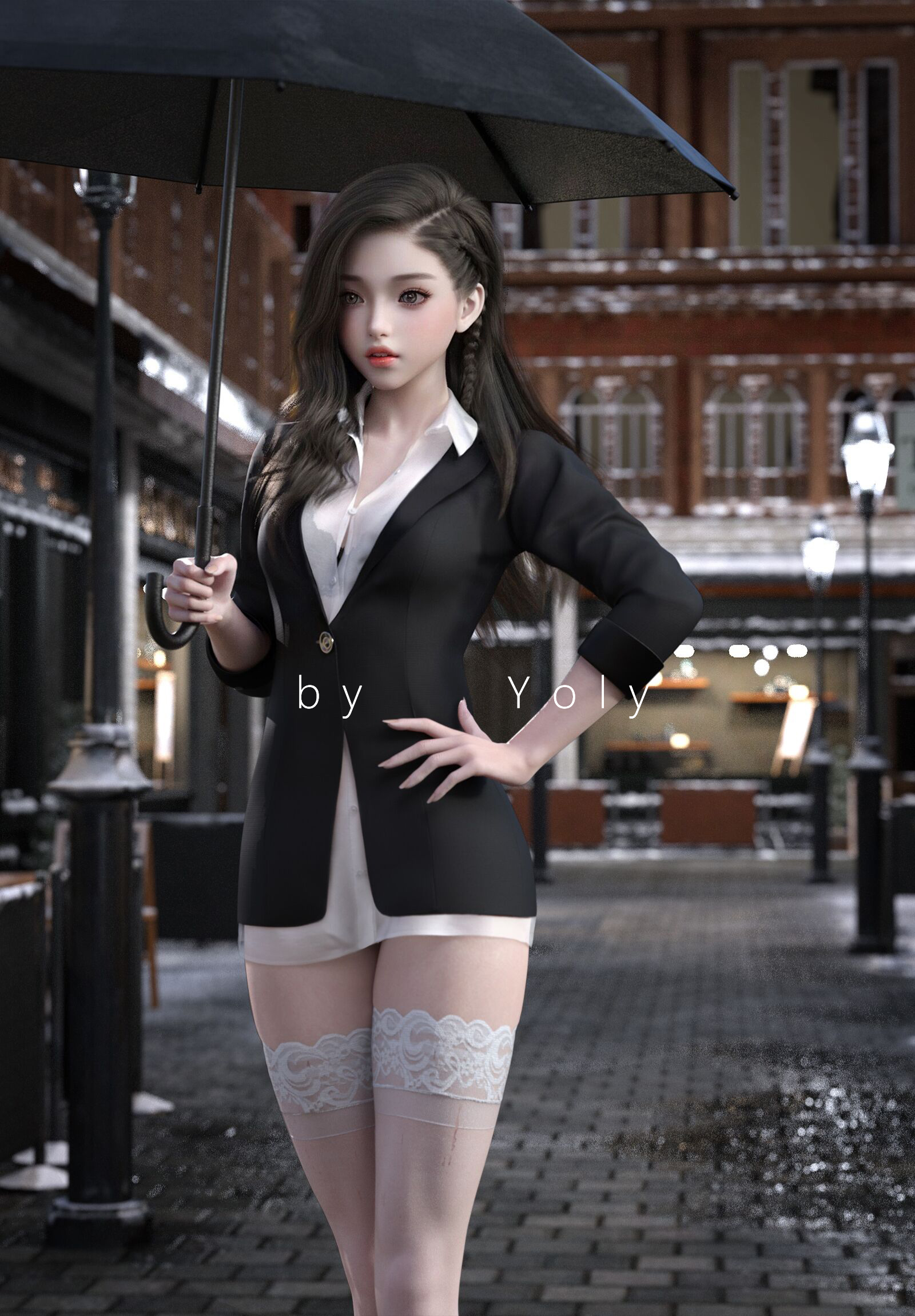 Yoly Cosplay CGi Digital Art Women Asian Shirt Vertical Umbrella Hands On Hips 1600x2302