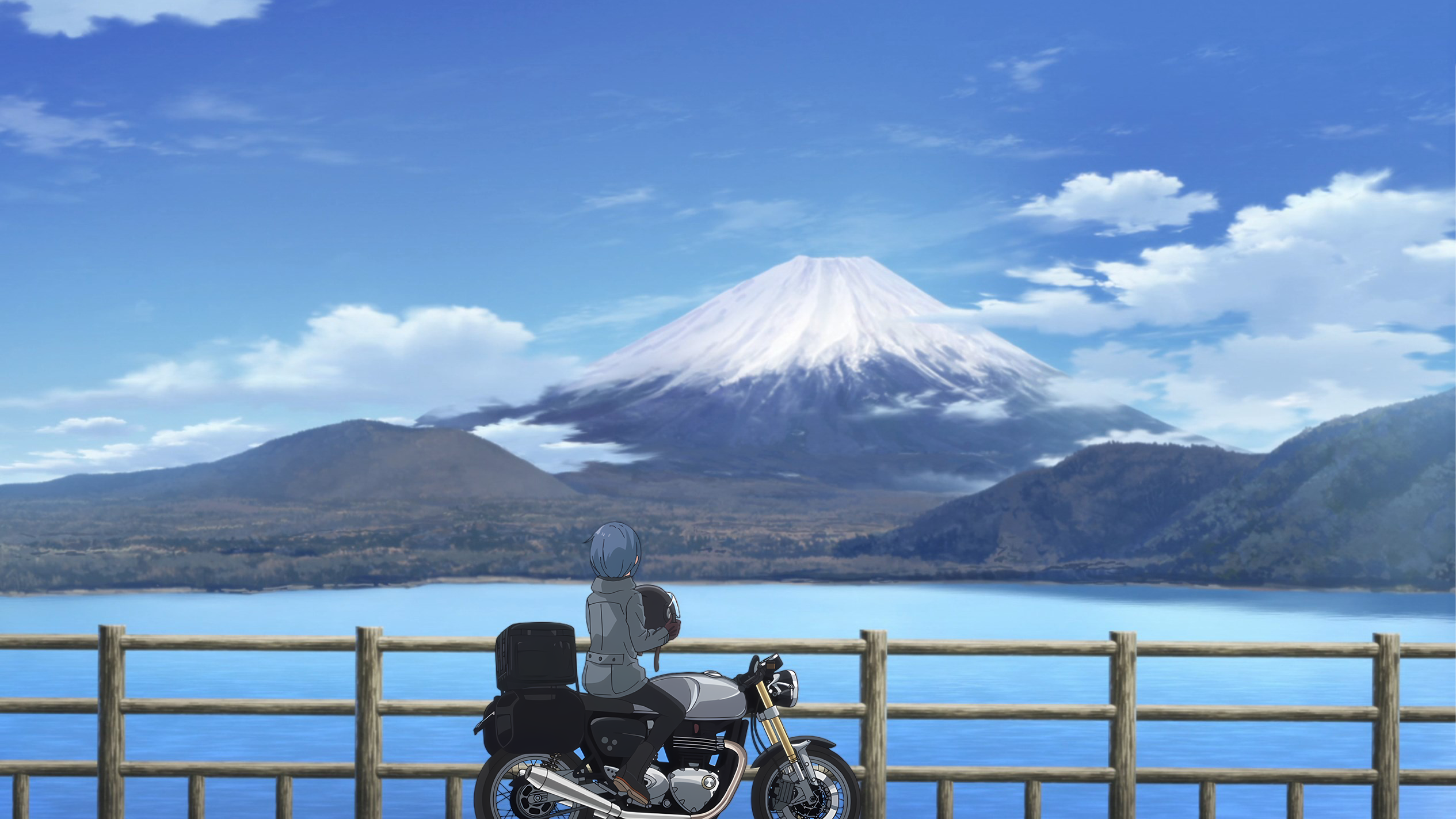 Upscaled Screen Shot Yuru Camp Rin Shima Motorcycle Mount Fuji 2530x1423