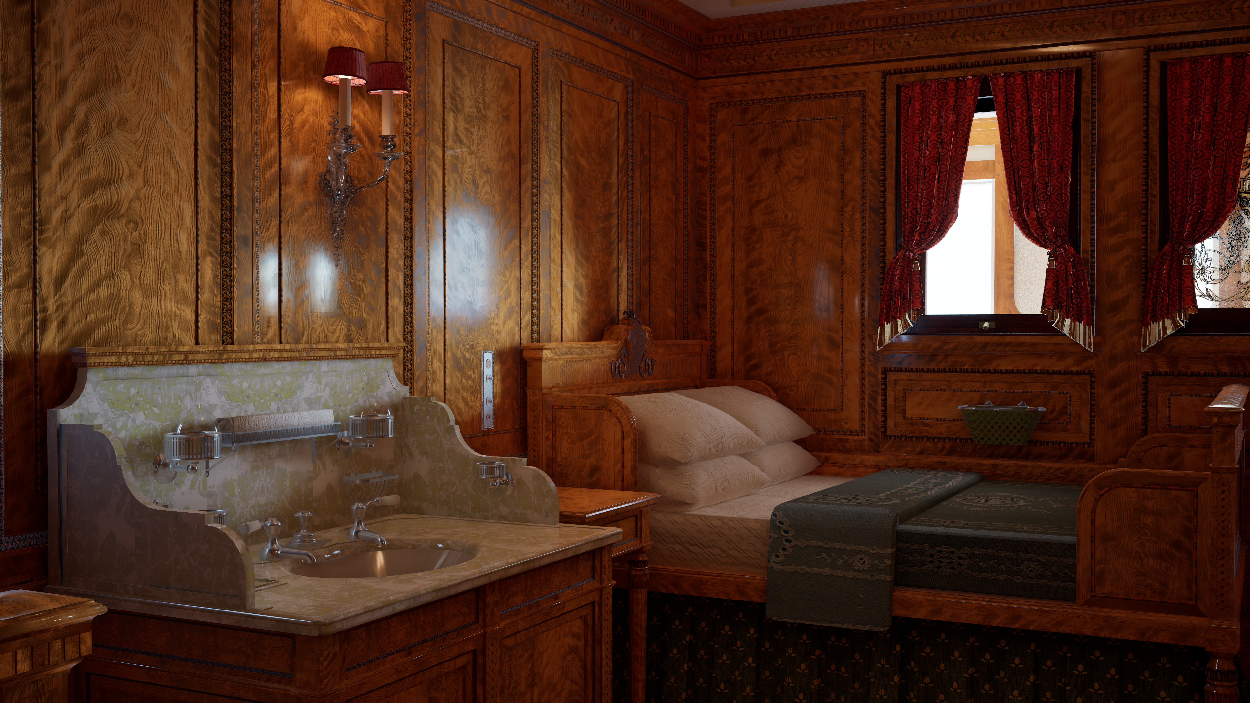 Titanic Video Games CGi Interior Bed Pillow Sink Window Curtains 5120x2880