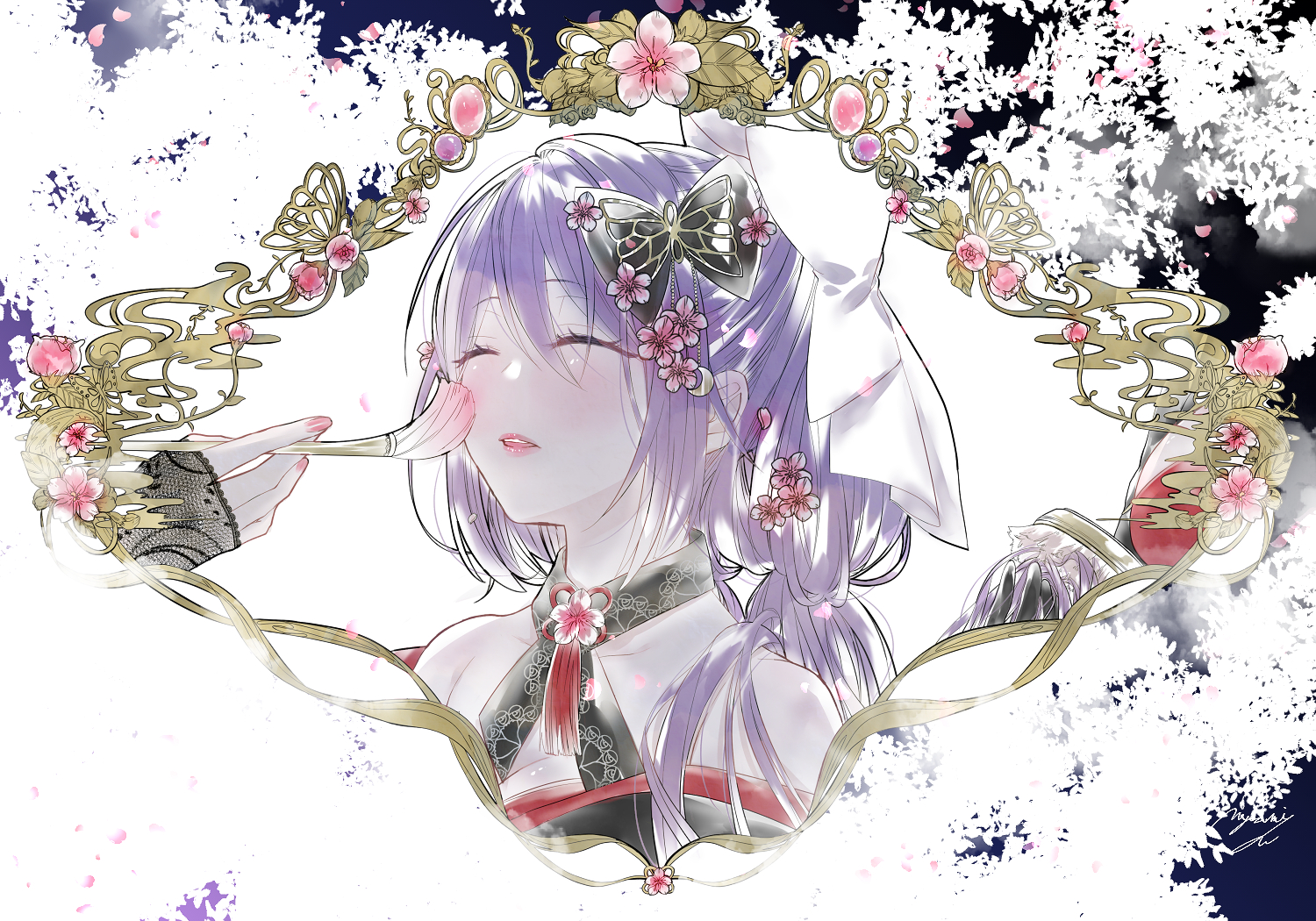Nijisanji Anime Girls Sakura Ritsuki Nijisanji Face Purple Hair Closed Eyes Flowers Bare Shoulders J 1500x1050