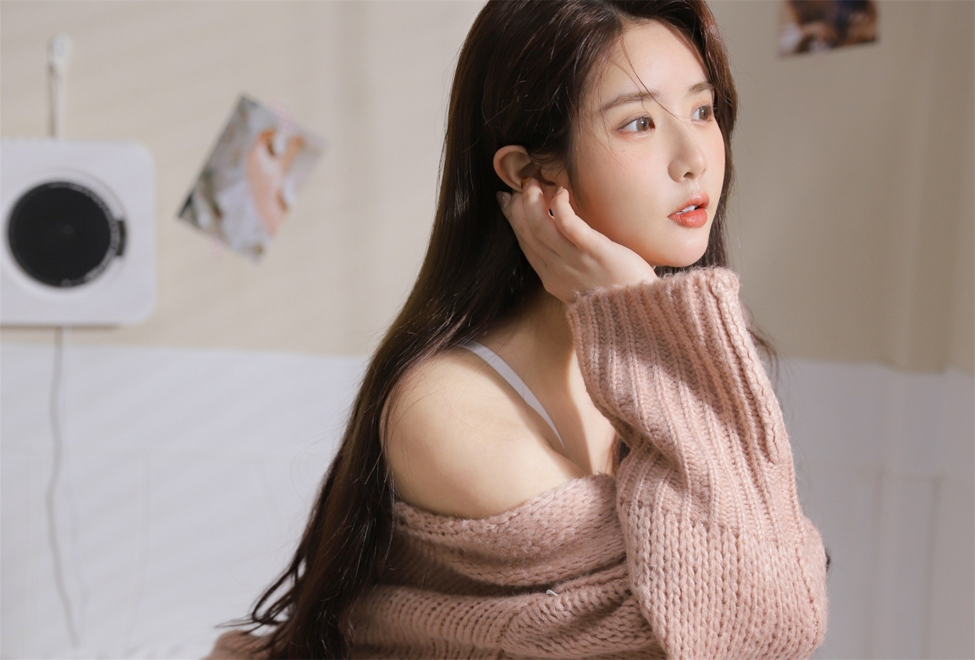 Women Long Hair Sweater Pink Sweater Closeup Bare Shoulders Asian 1920x1301