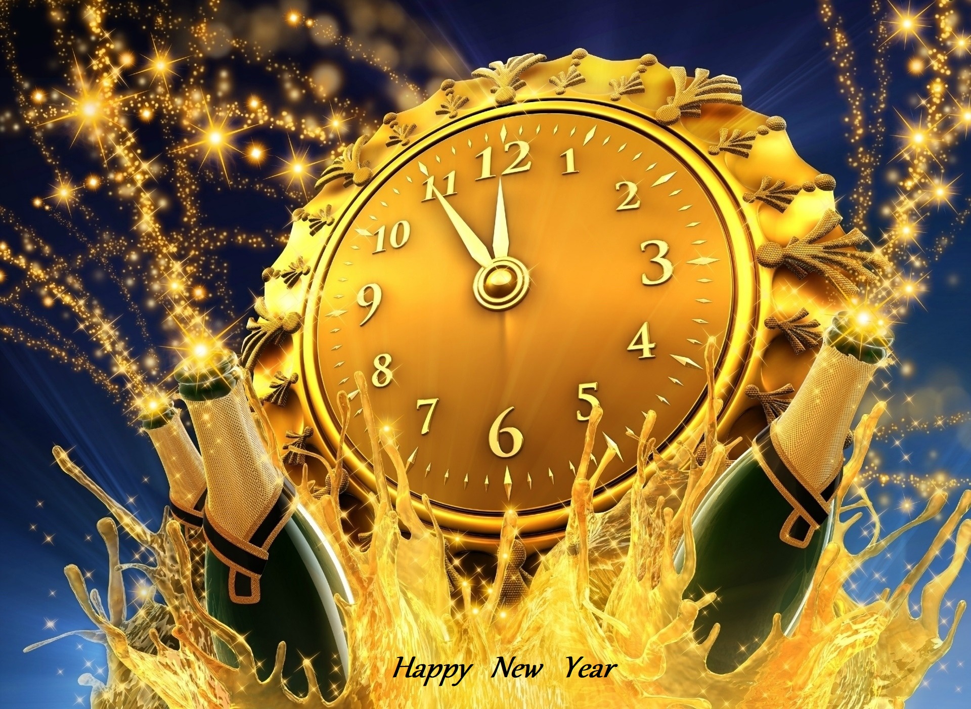 Happy New Year Champagne Clock Golden 1920x1402