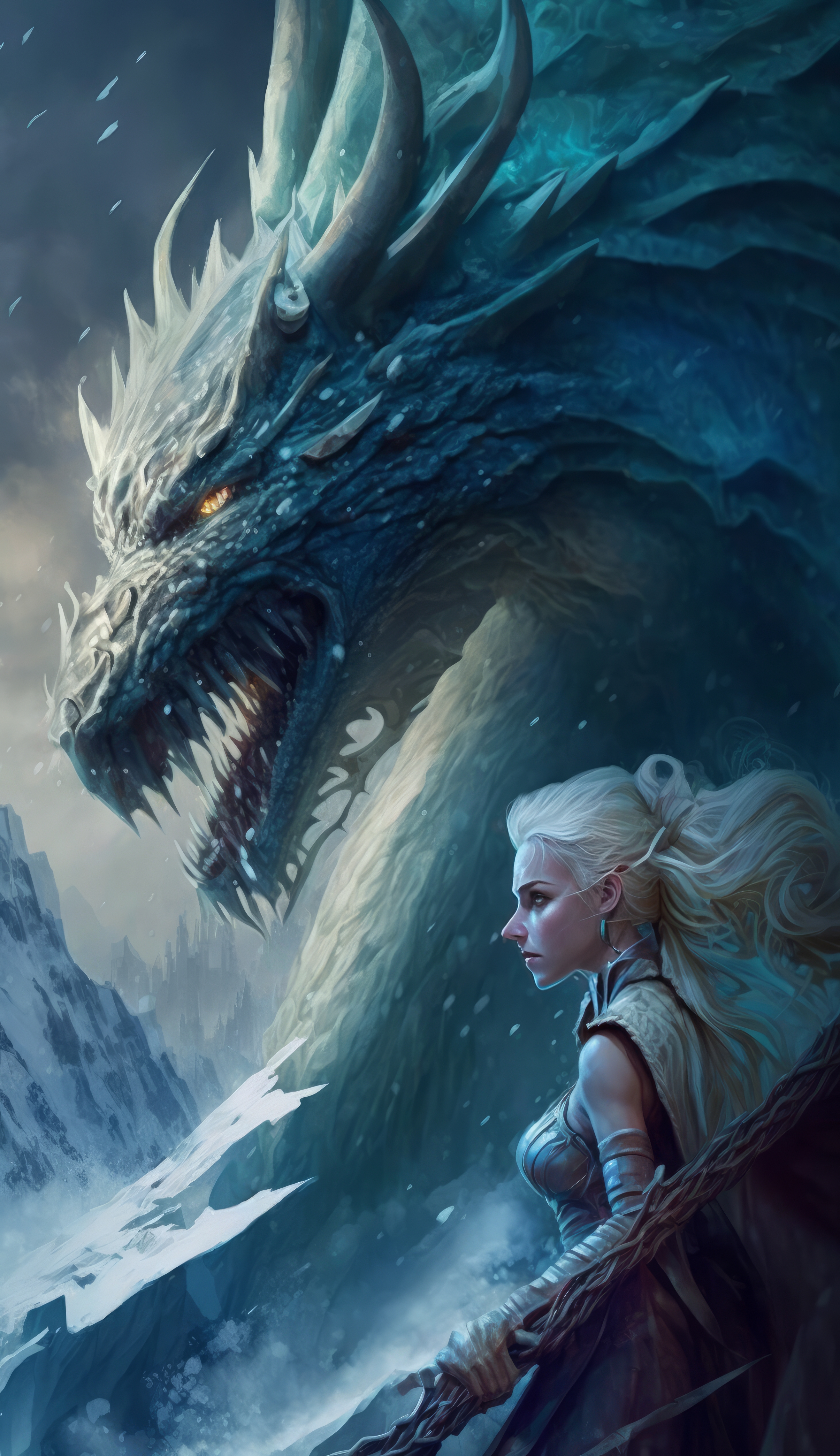 Ai Art Vertical Portrait Display Illustration Women Dragon Blonde Ice Snow Winter 2630x4559