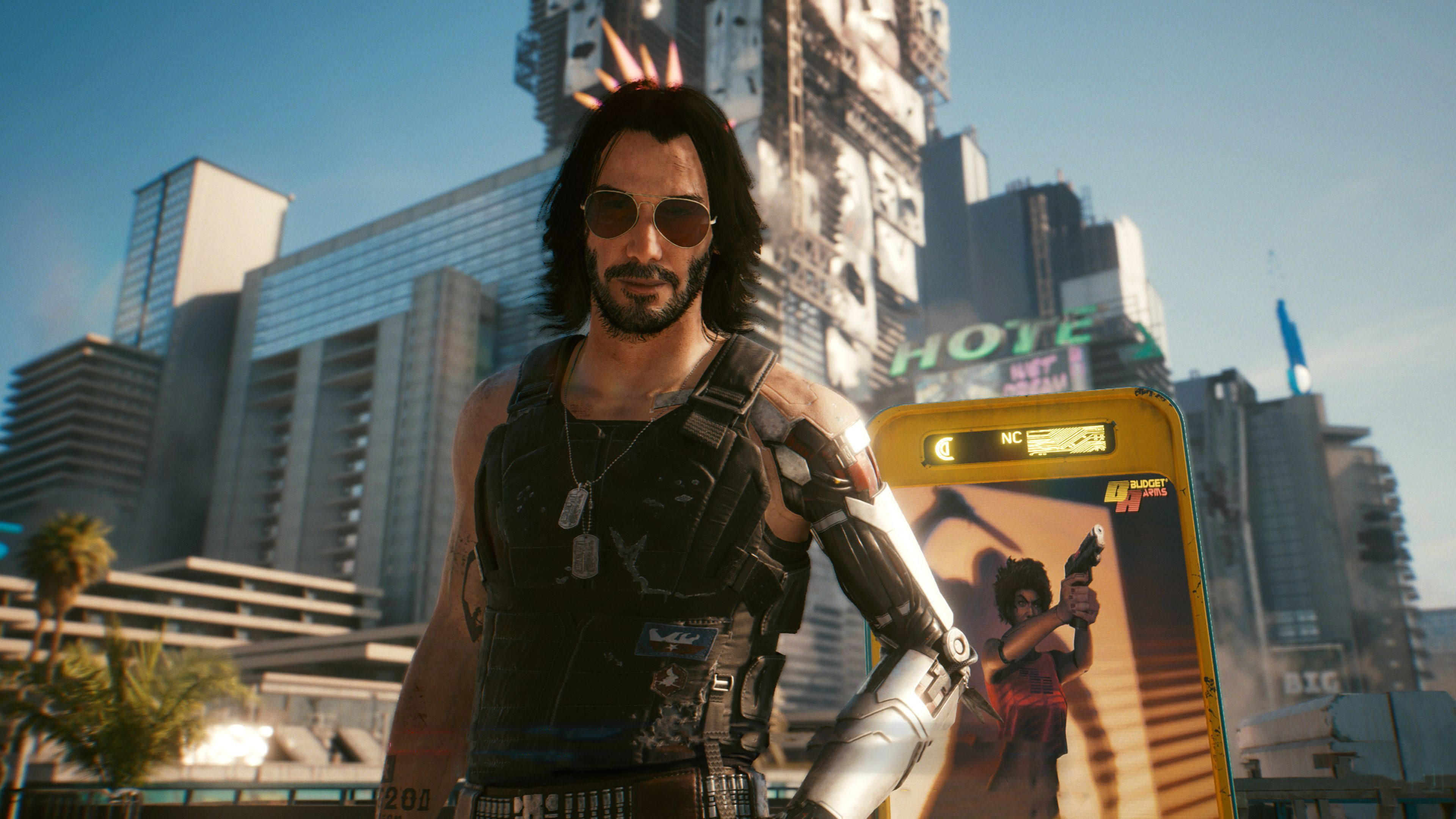 Cyberpunk 2077 CGi Video Game Characters Video Games City Gun Looking At Viewer Sunglasses Beard Sun 3840x2160