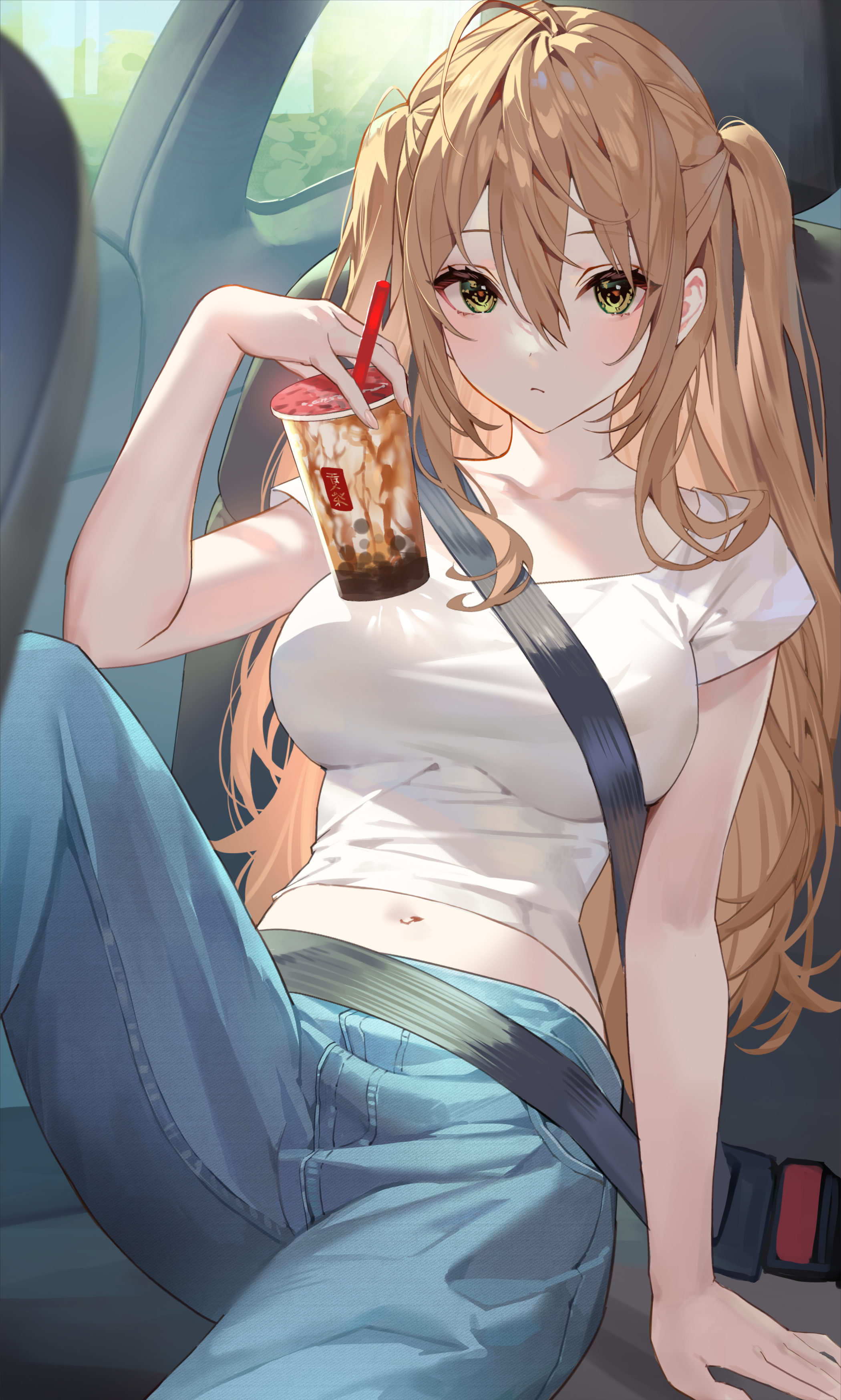 Anime Girls Drink Blonde Green Eyes Twintails Long Hair Car Interior 2100x3495