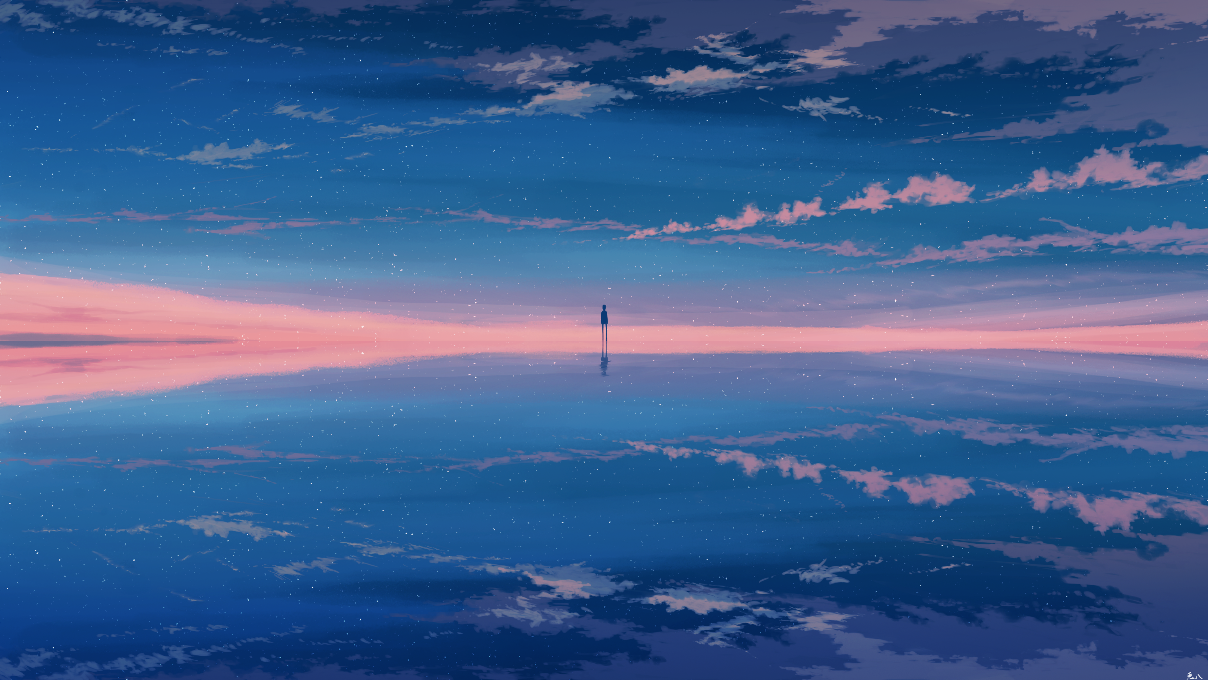 Pixiv Artwork Sky Reflection Clouds Silhouette 3840x2160
