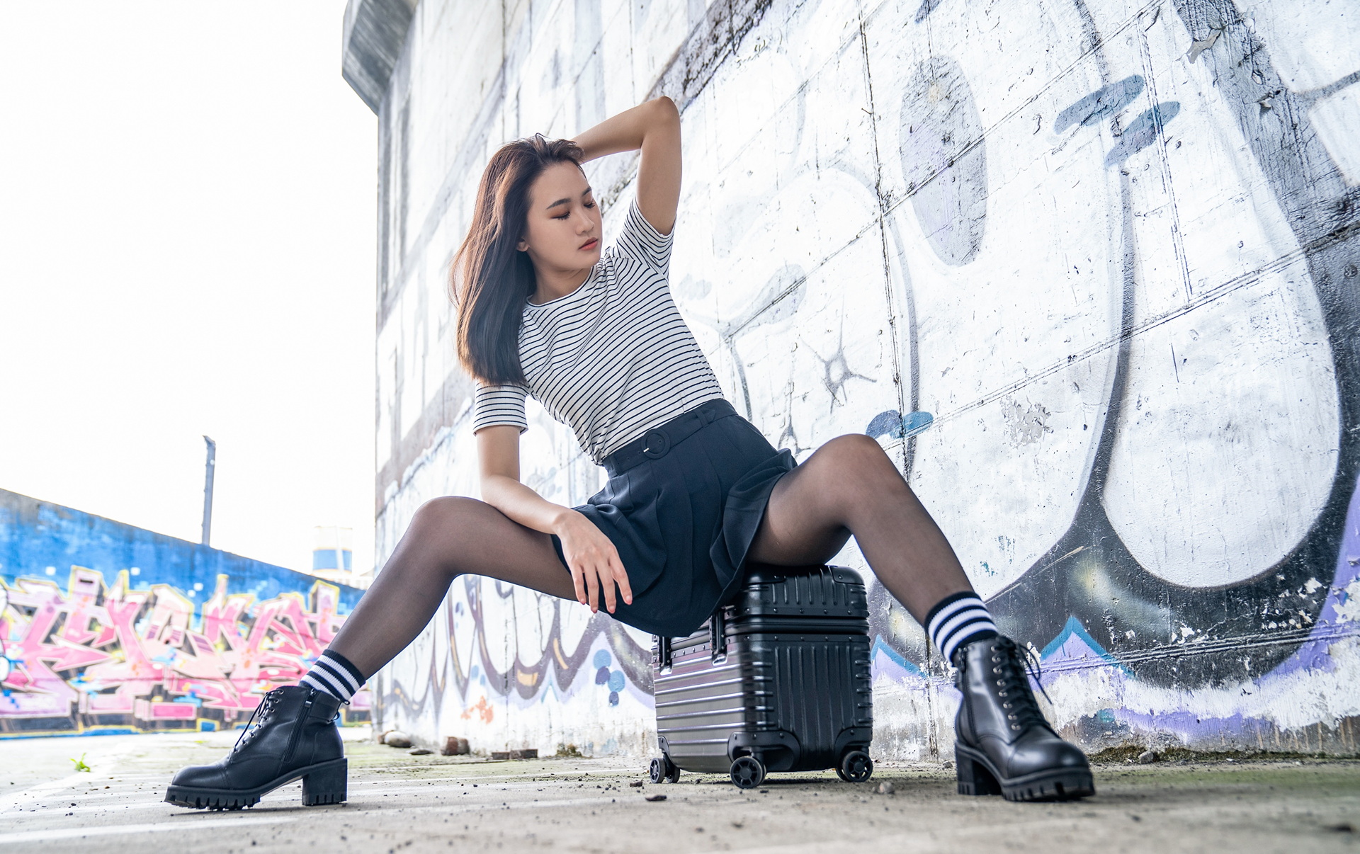 Asian Model Women Long Hair Dark Hair Sitting Striped Shirt Graffiti Wall Depth Of Field Ankle Boots 1920x1206