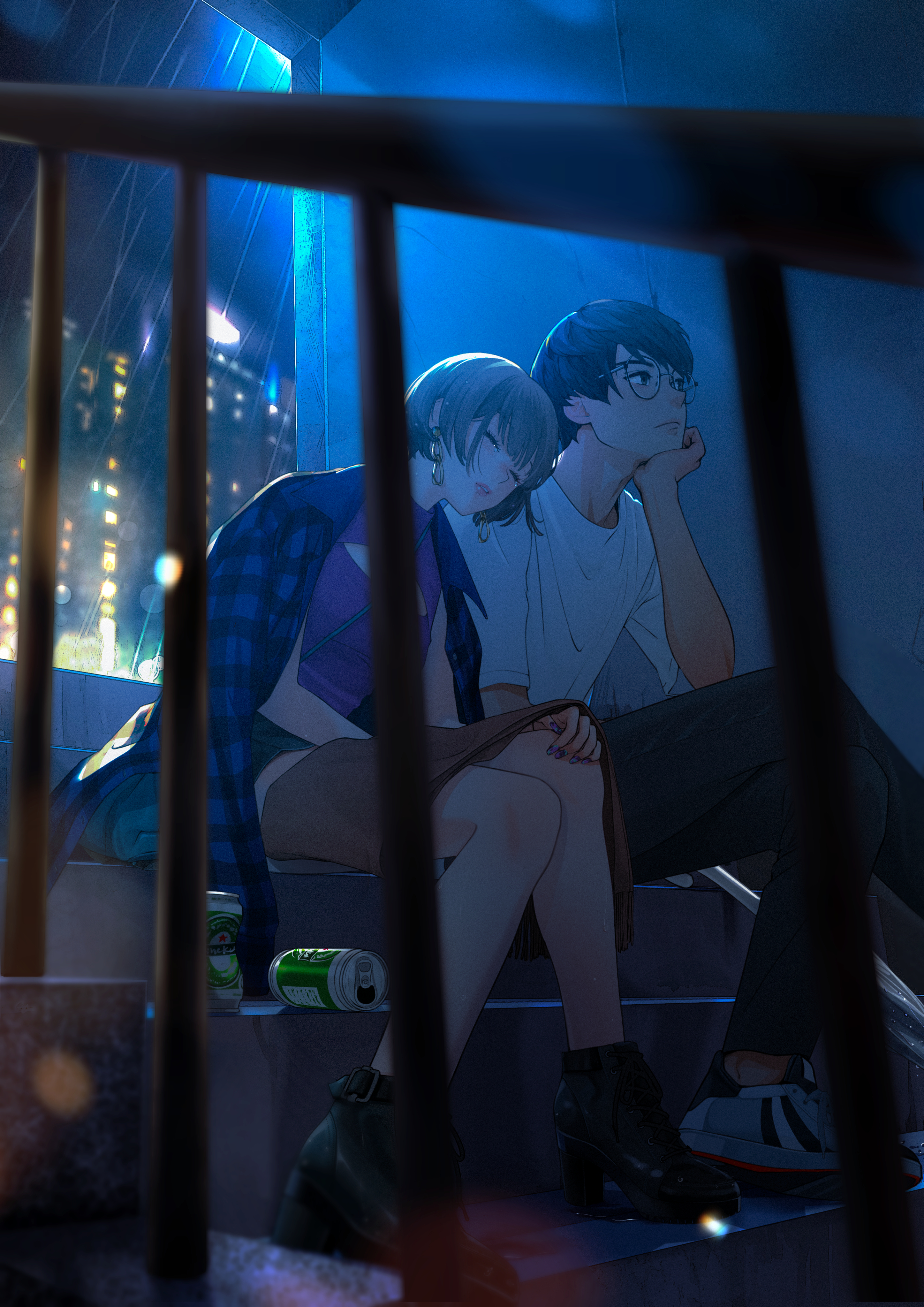 Anime Anime Girls Stairs City Lights Anime Boys Glasses Long Earrings Earring Sleeping 2894x4093