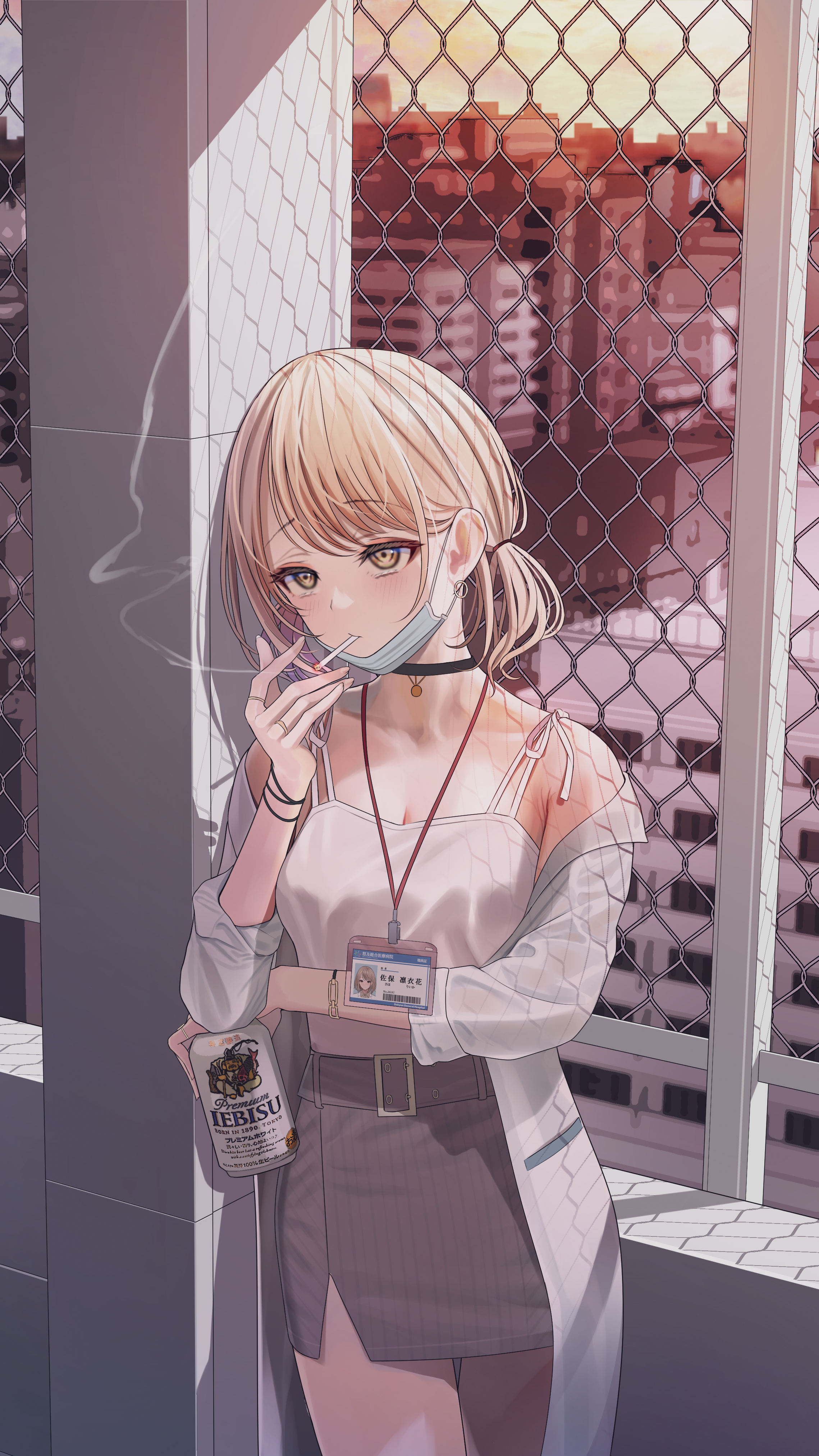 Anime Anime Girls Blonde Yellow Eyes Smoking Cigarettes Mask Beer 2278x4052